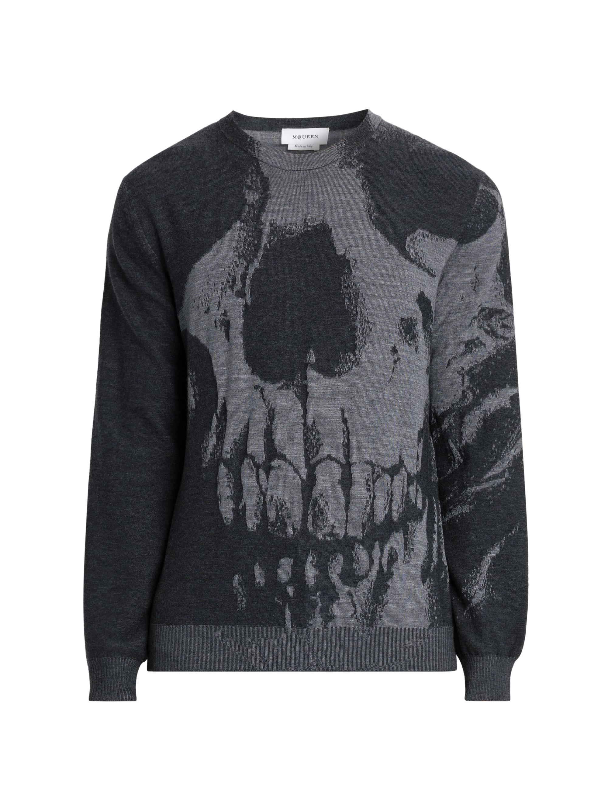 McQueen Men's Skull Print Wool Sweater - Grey Melange Charcoal