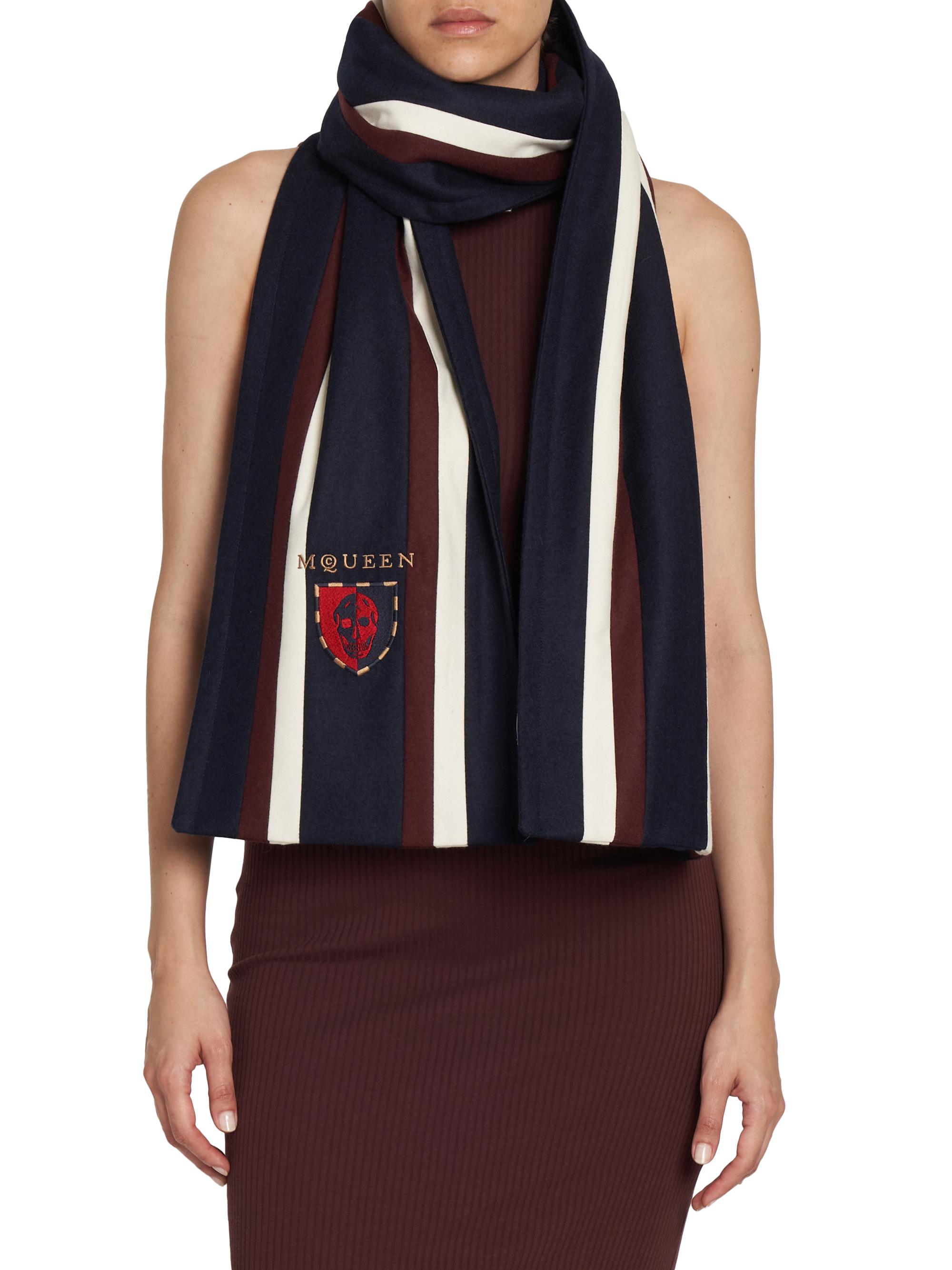 McQueen Women's College Crest Striped Wool Scarf - Navy Bordeaux