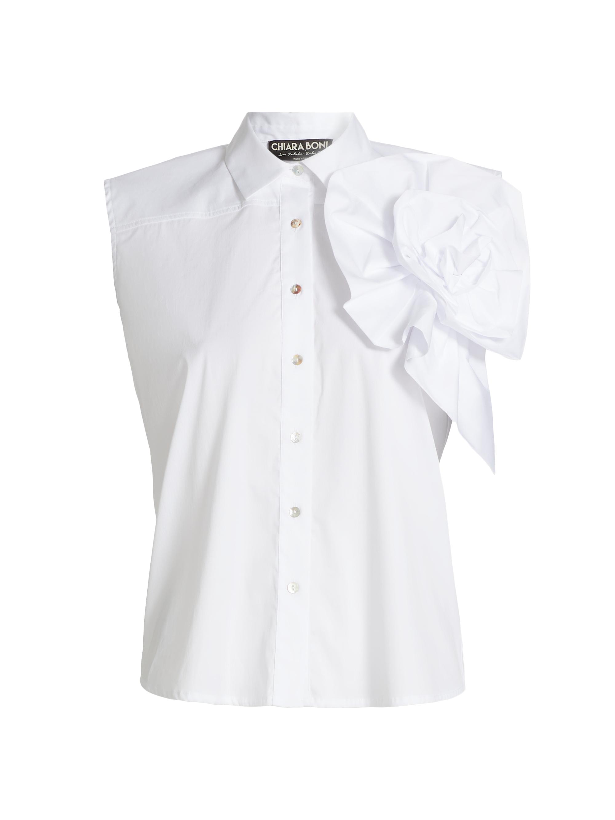 Chiara Boni La Petite Robe Women's Fusina Rosette-Accent Cotton Button-Front Top - Bianco - Women's Clothing