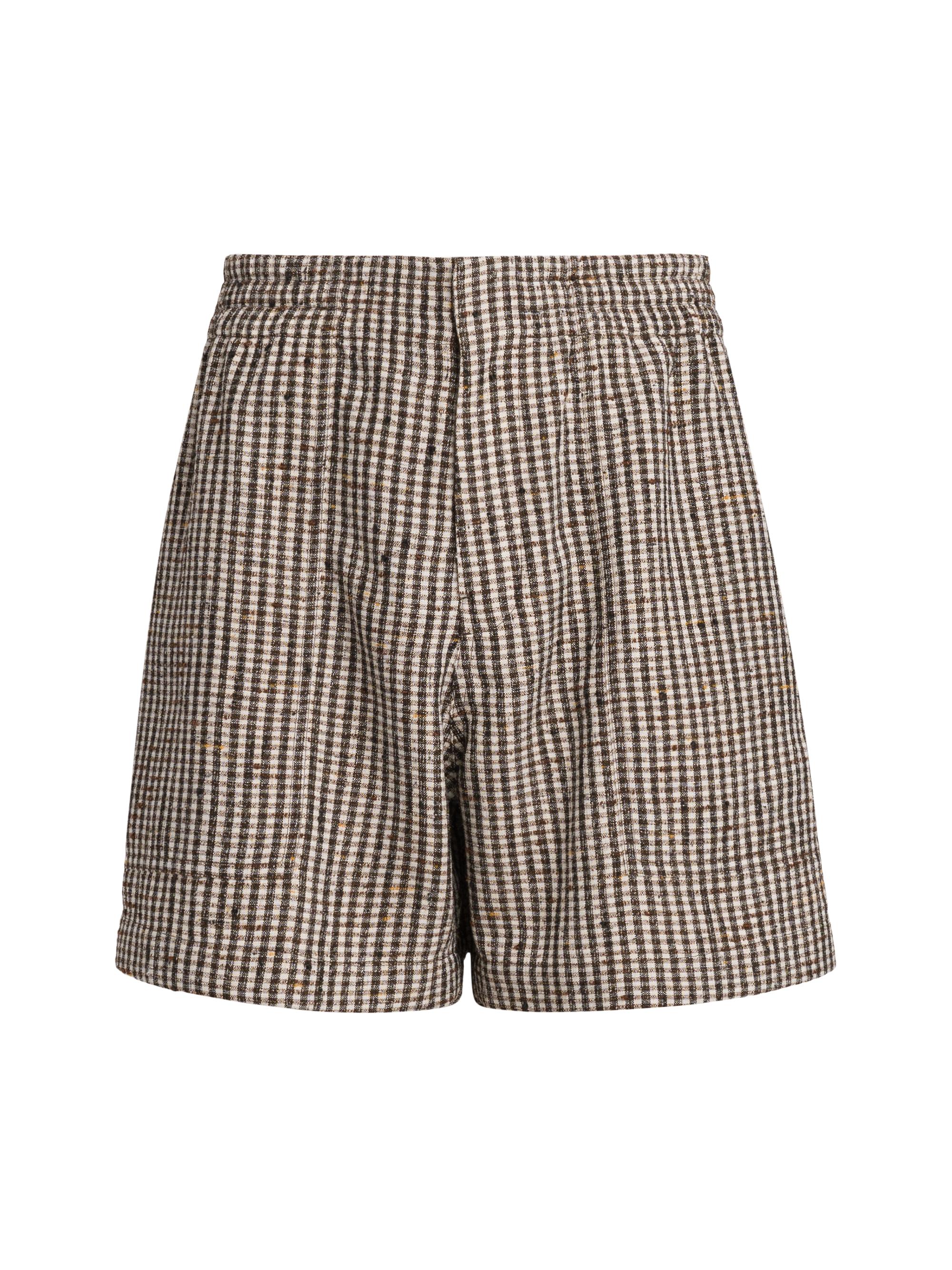Bottega Veneta Men's Knotted Viscose Mini Check Shorts - Talc Brown Black