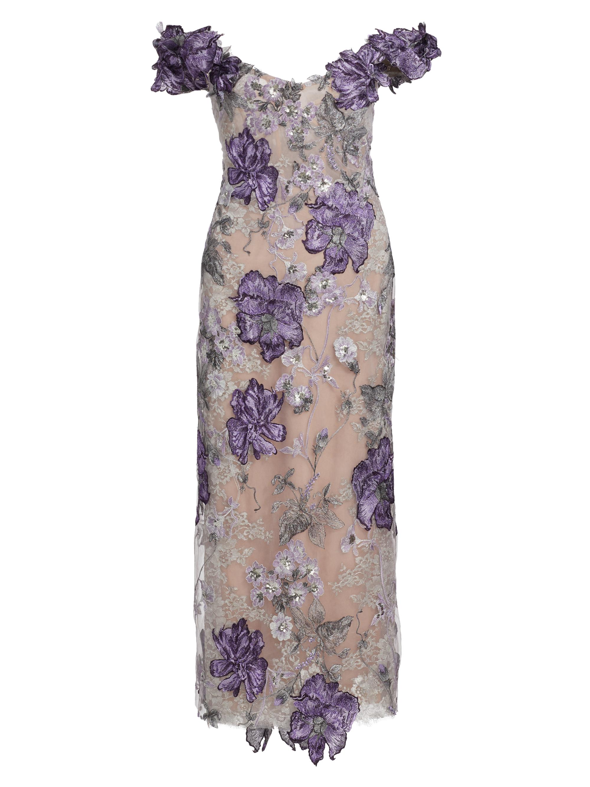 Marchesa Women's Off-the-Shoulder Floral Threadwork Embroidered Cocktail Dress - Purple