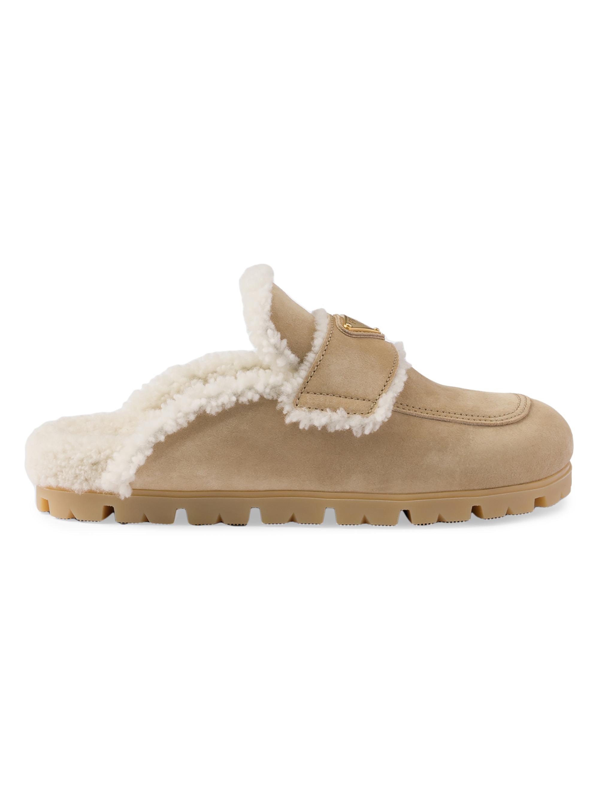 Prada Women's Suede and Shearling Slippers - Beige Khaki