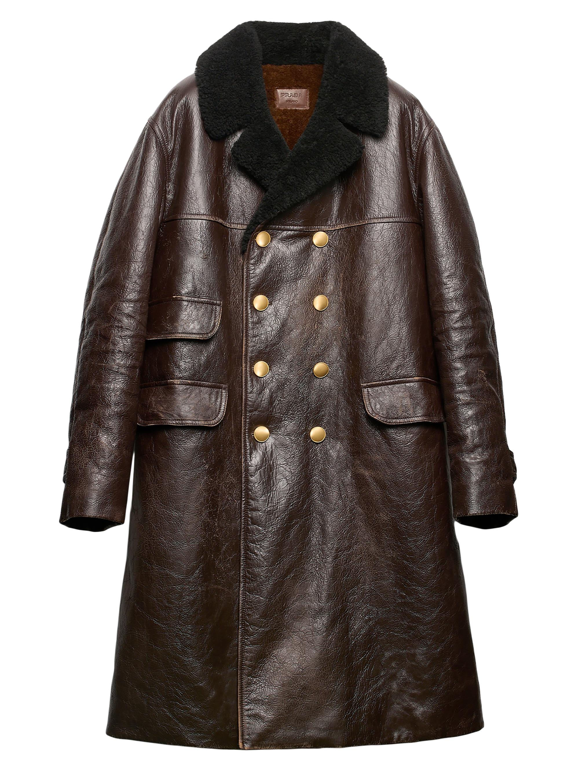 Prada Men's Double-Breasted Leather Coat - Brown