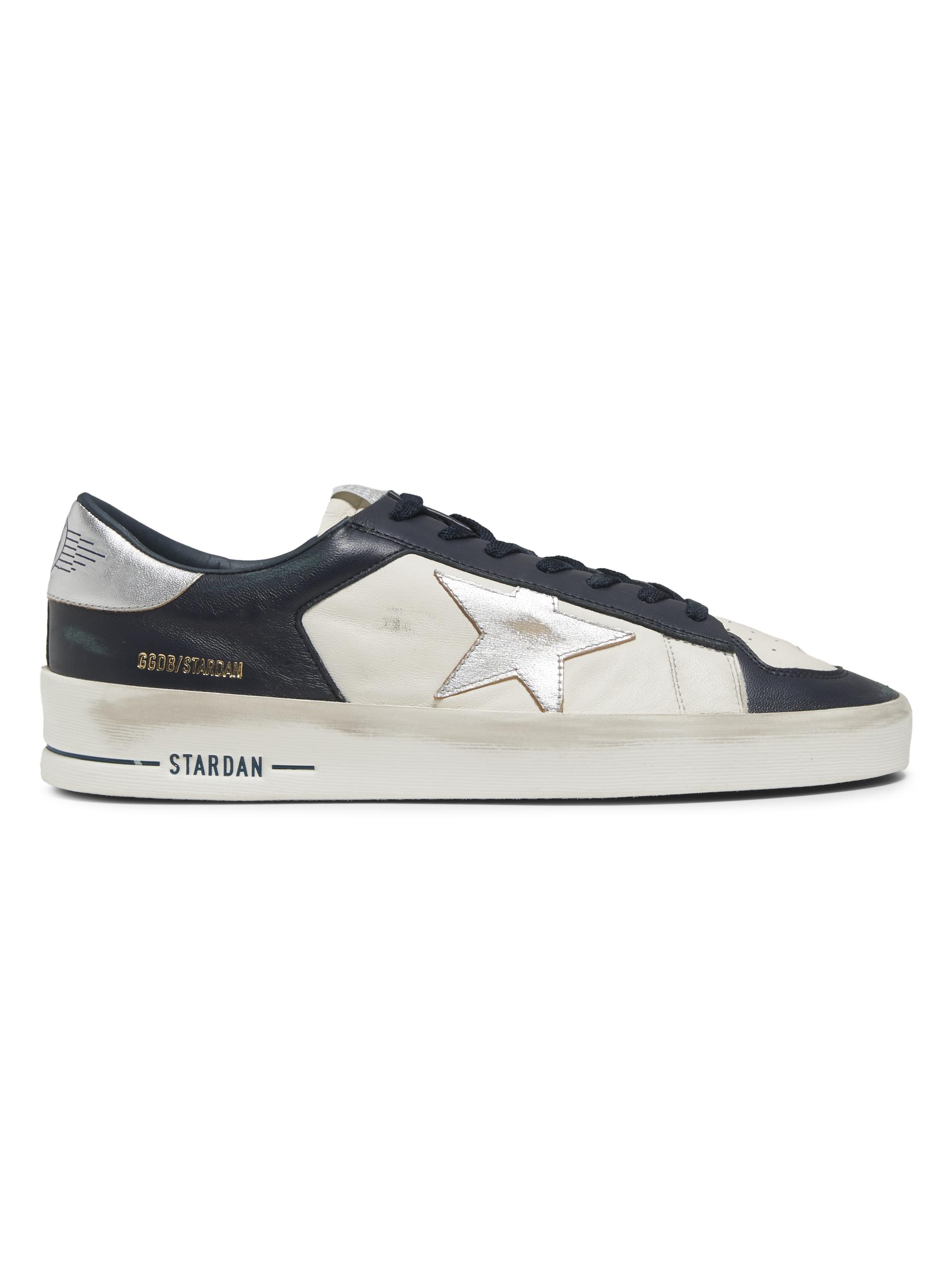 Golden Goose Men's Stardan Leather Low-Top Sneakers - Optic White Navy Silver