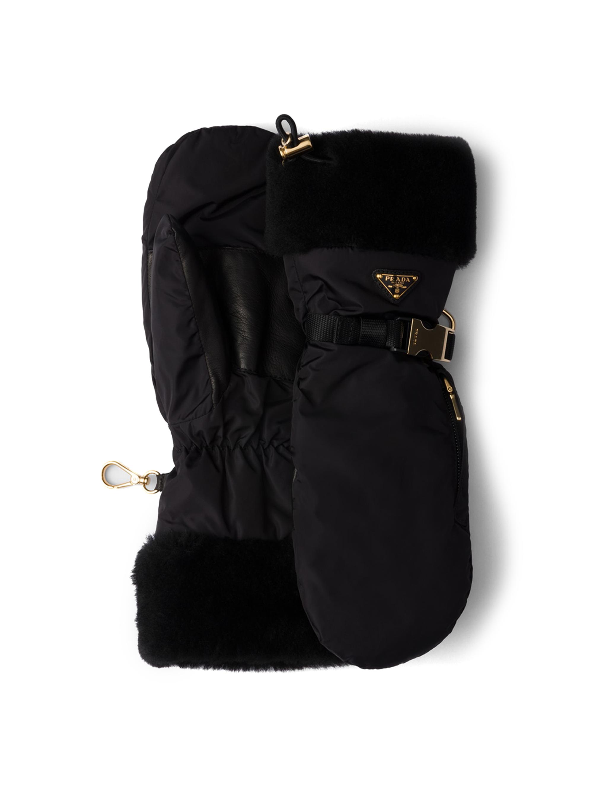 Prada Women's Re-Nylon and Shearling Mittens - Black