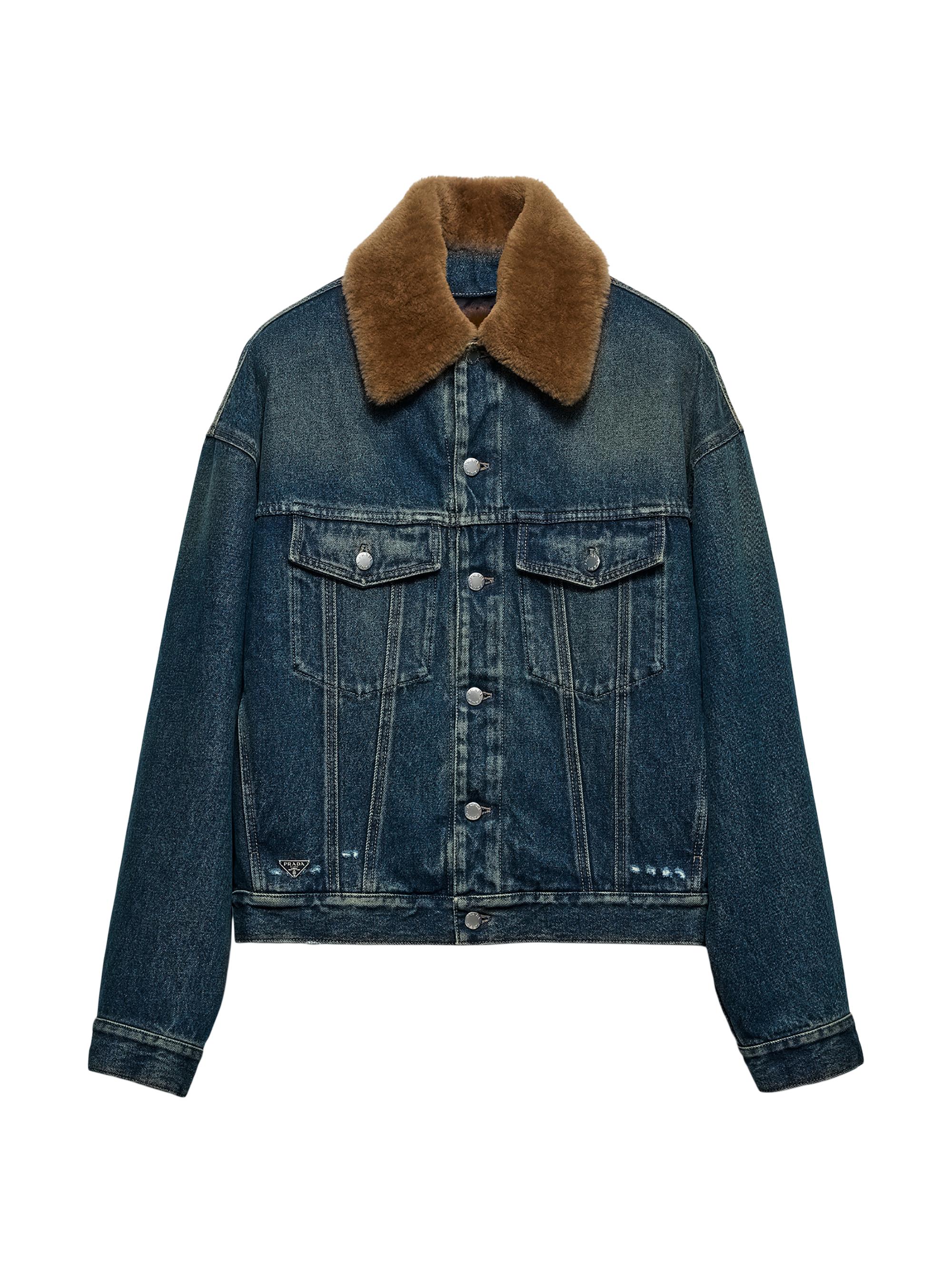 Prada Men's Padded Denim Blouson Jacket with Shearling Collar - Blue