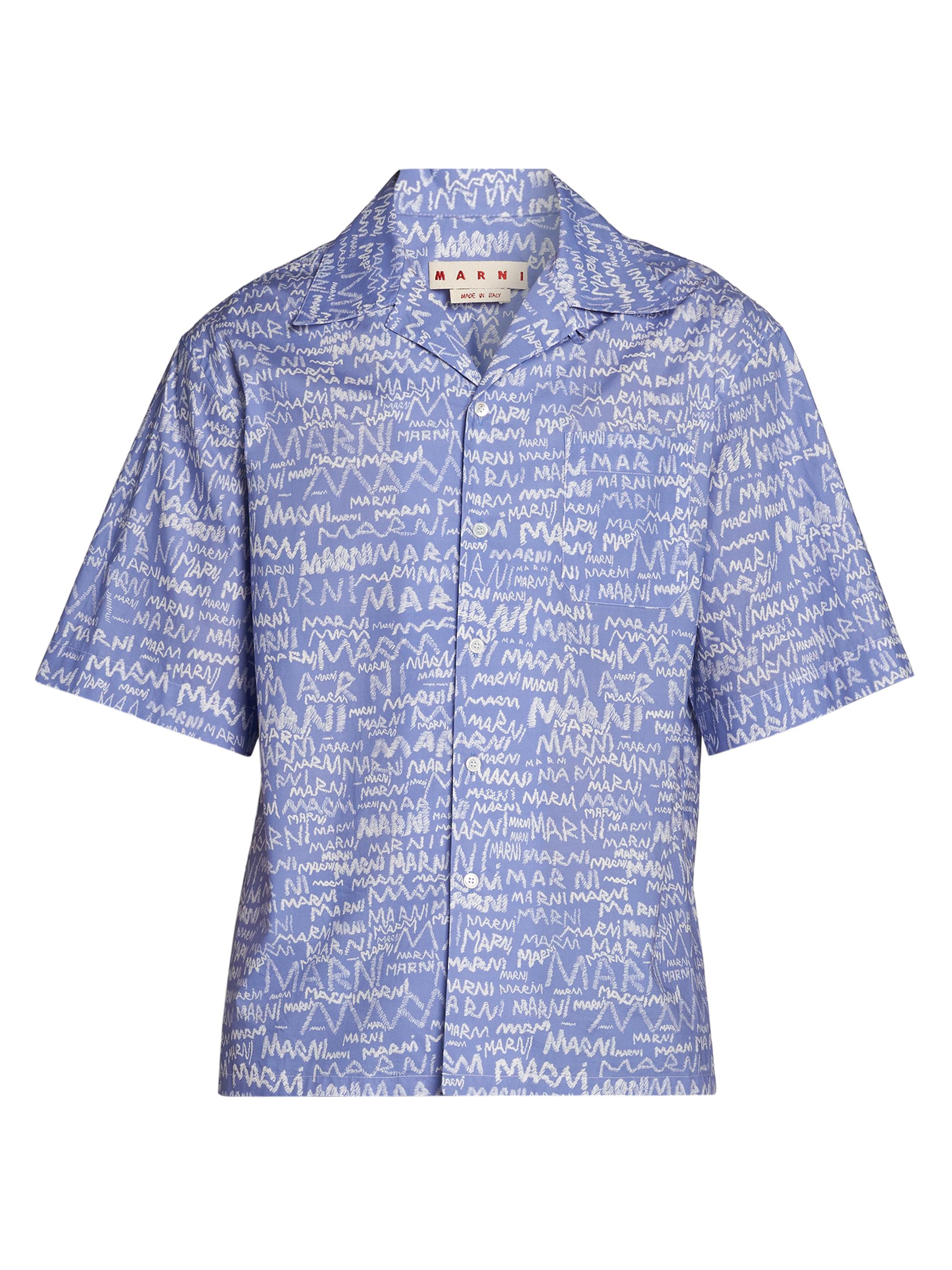 Marni Men's Cabana Logo-Printed Cotton Bowling Shirt - Blue Lilac