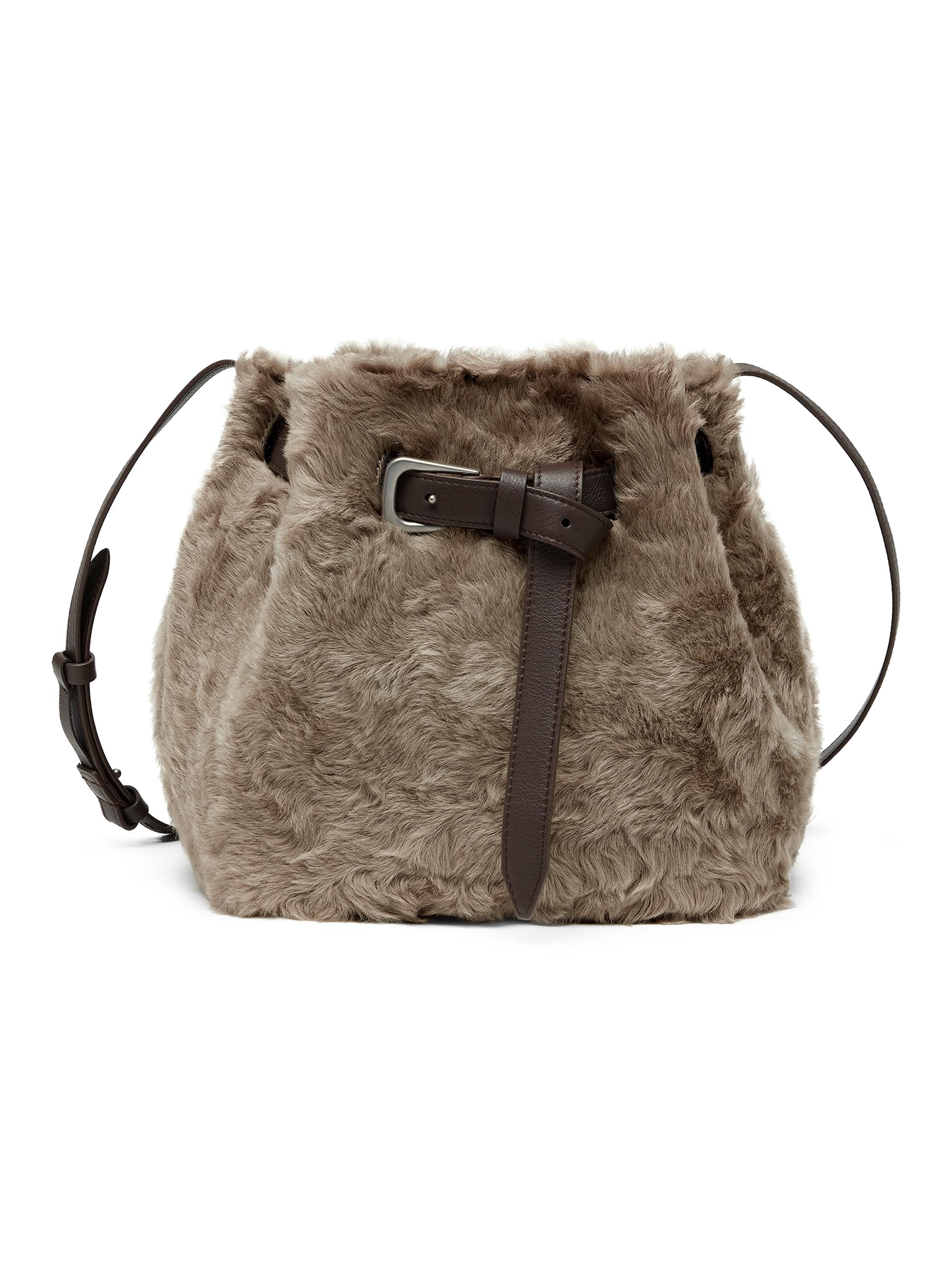 Brunello Cucinelli Women's Sartorial Bucket Bag in Frosty Effect Shearling - Brown