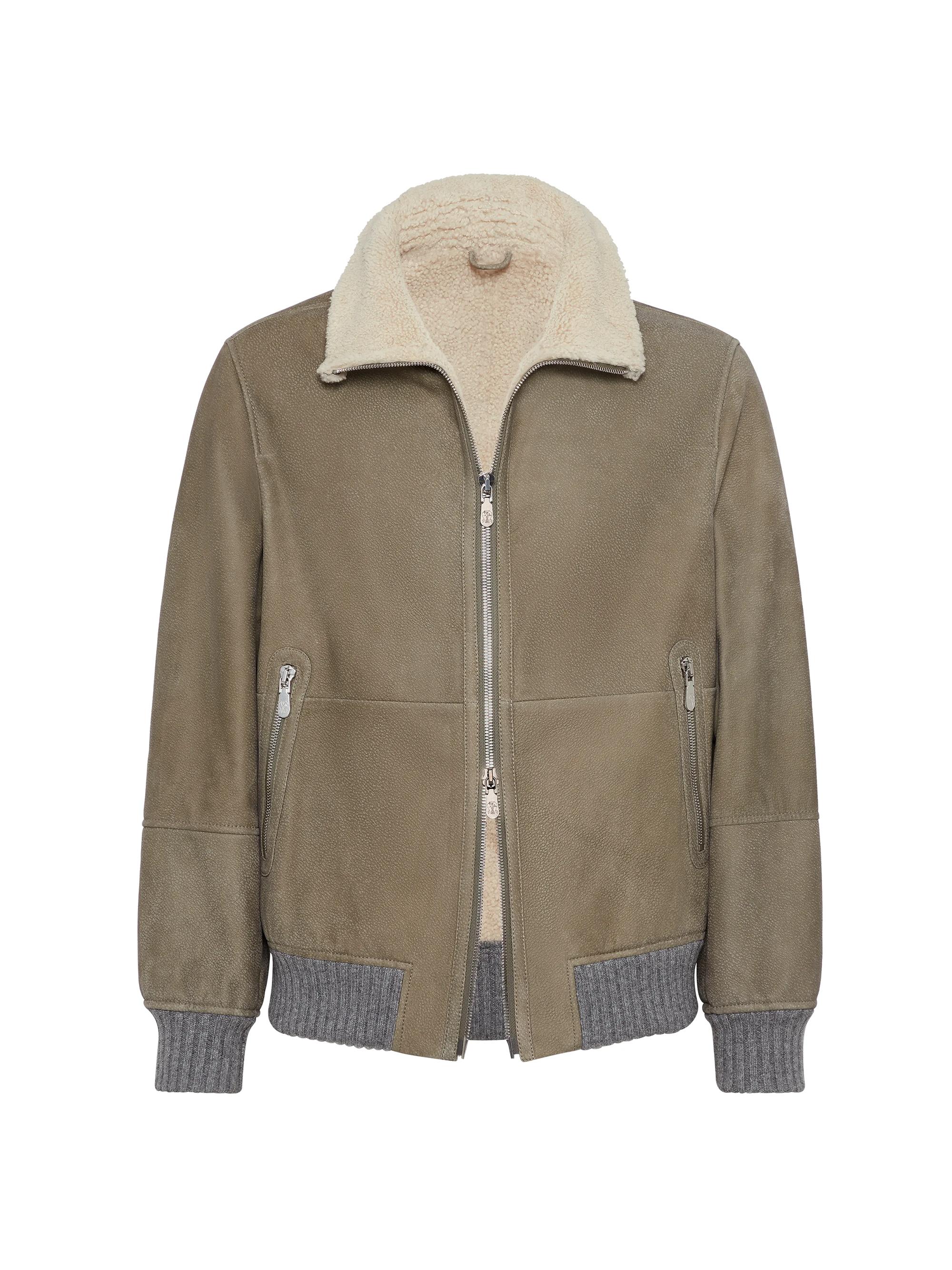 Brunello Cucinelli Men's Nubuck Shearling Bomber Jacket - Military