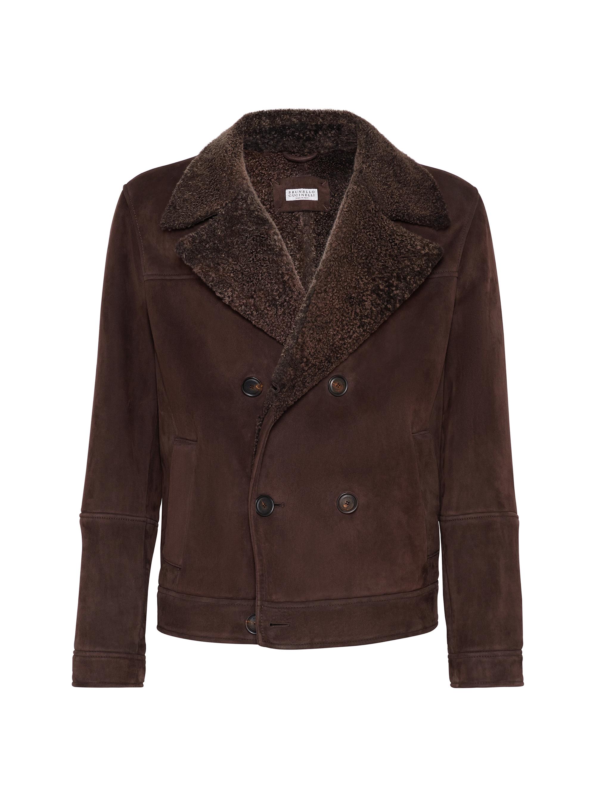 Brunello Cucinelli Men's Suede Shearling One and a Half Breasted Outerwear Jacket - Coffee