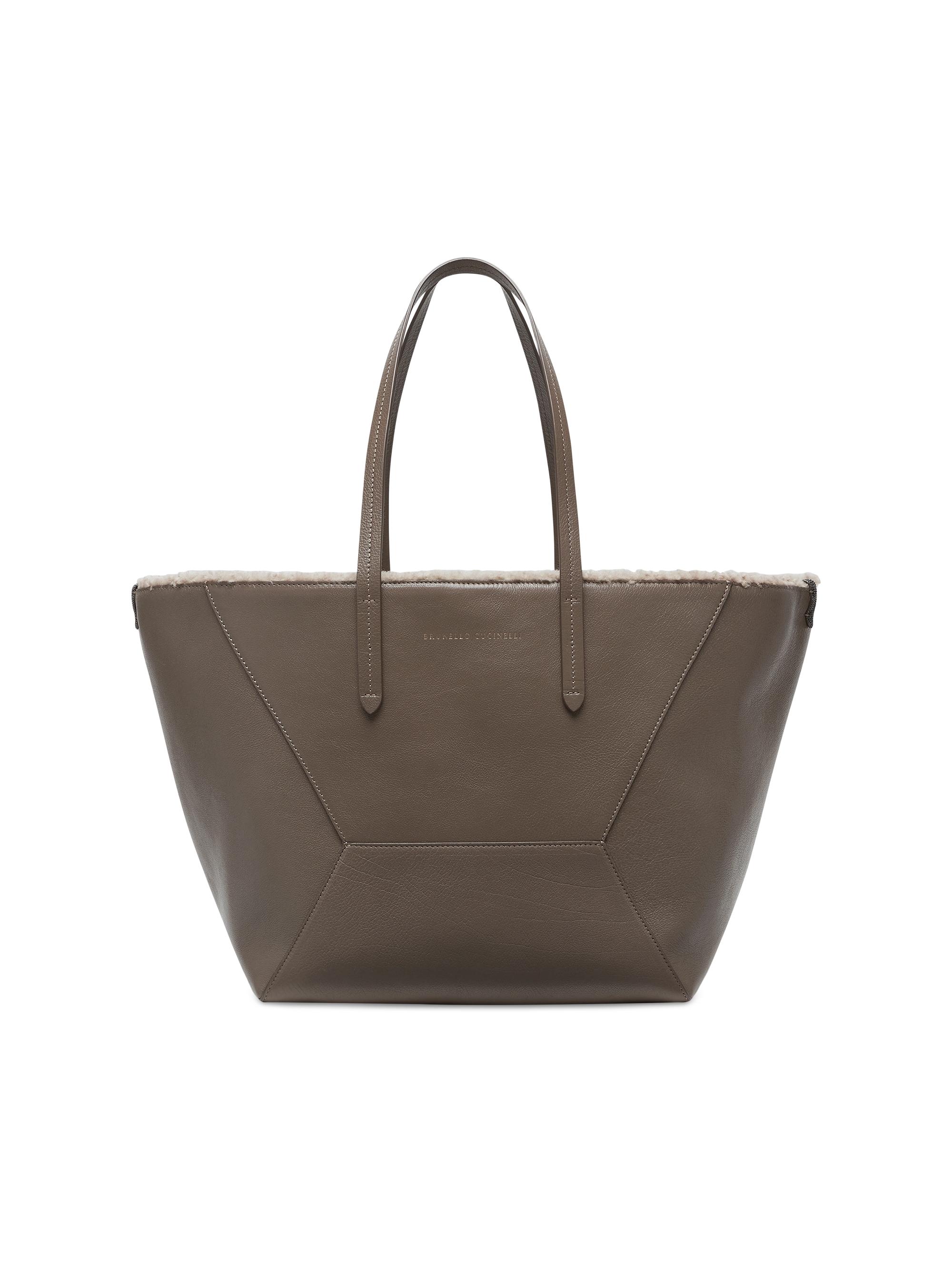 Brunello Cucinelli Women's Duo Bag in Classic Leather with Shearling Lining and Monili - Mud