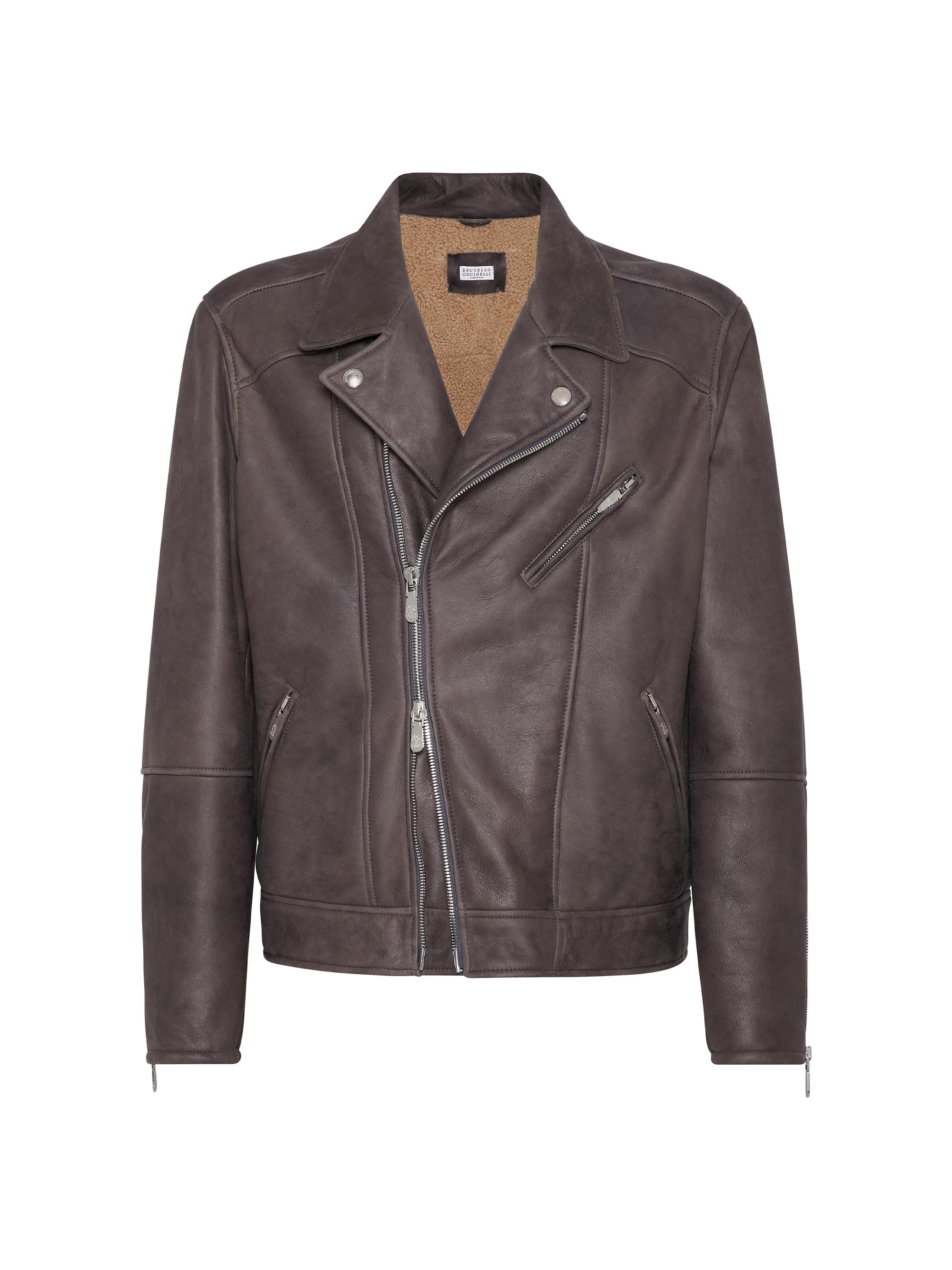 Brunello Cucinelli Men's Nappa Effect Shearling Biker Jacket - Brown