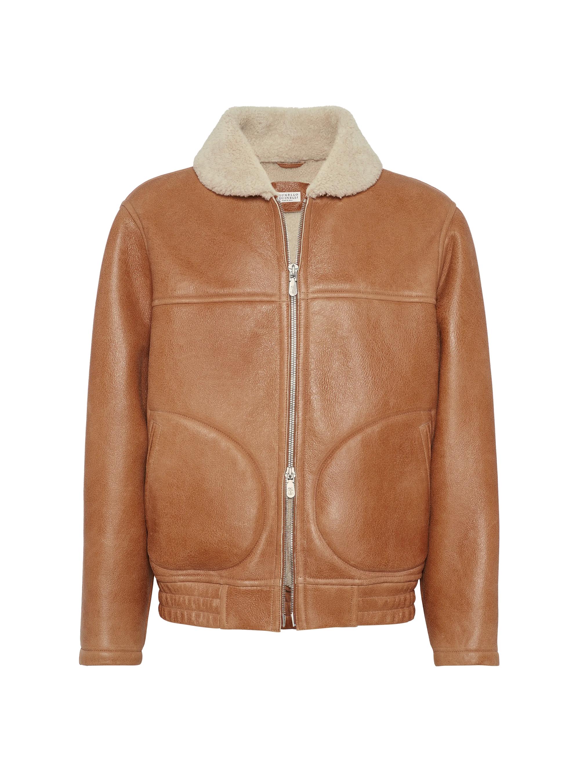 Brunello Cucinelli Men's Vintage Effect Shearling Bomber Jacket - Cognac