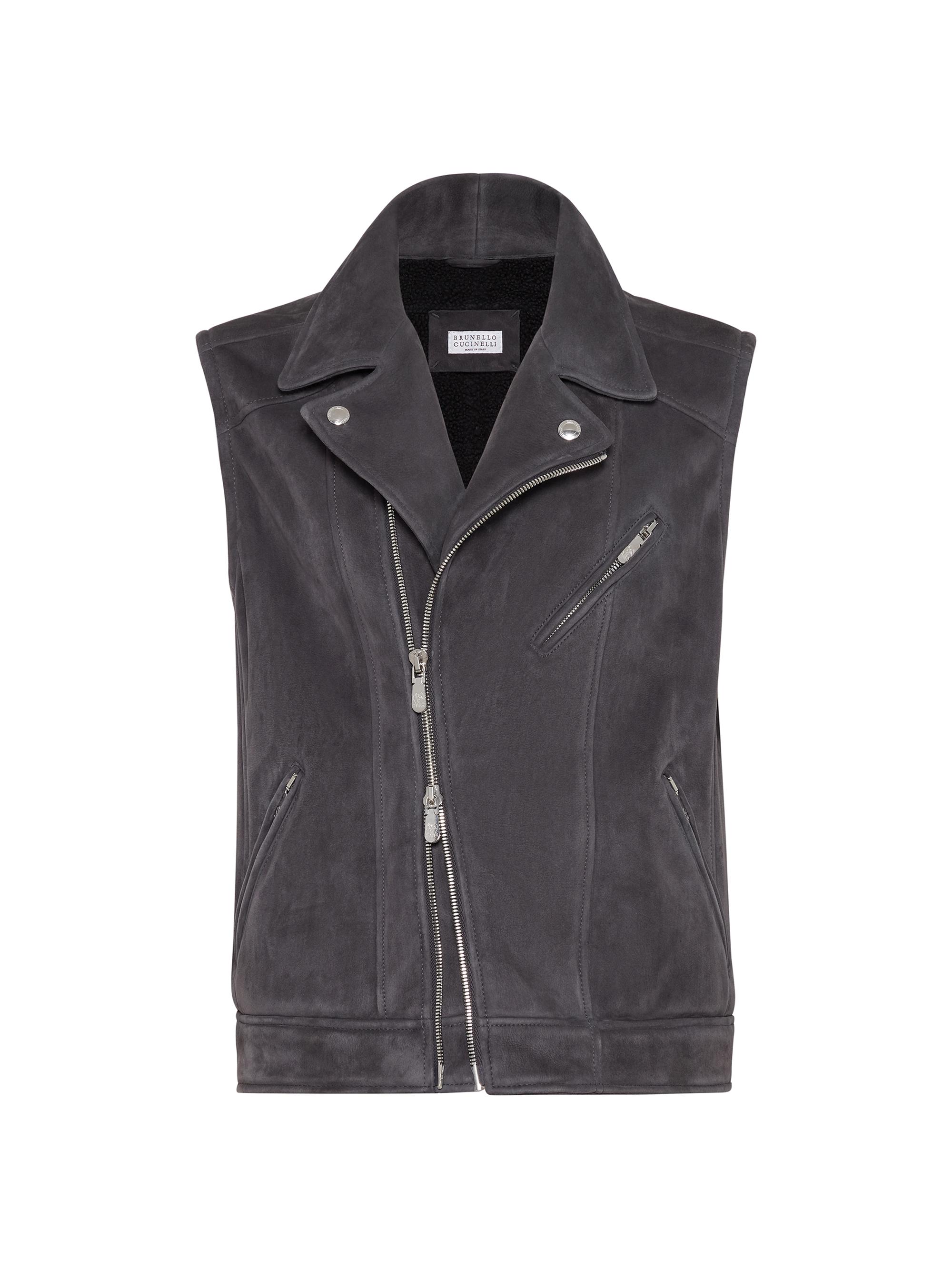 Brunello Cucinelli Men's Suede Shearling Biker Vest - Anthracite