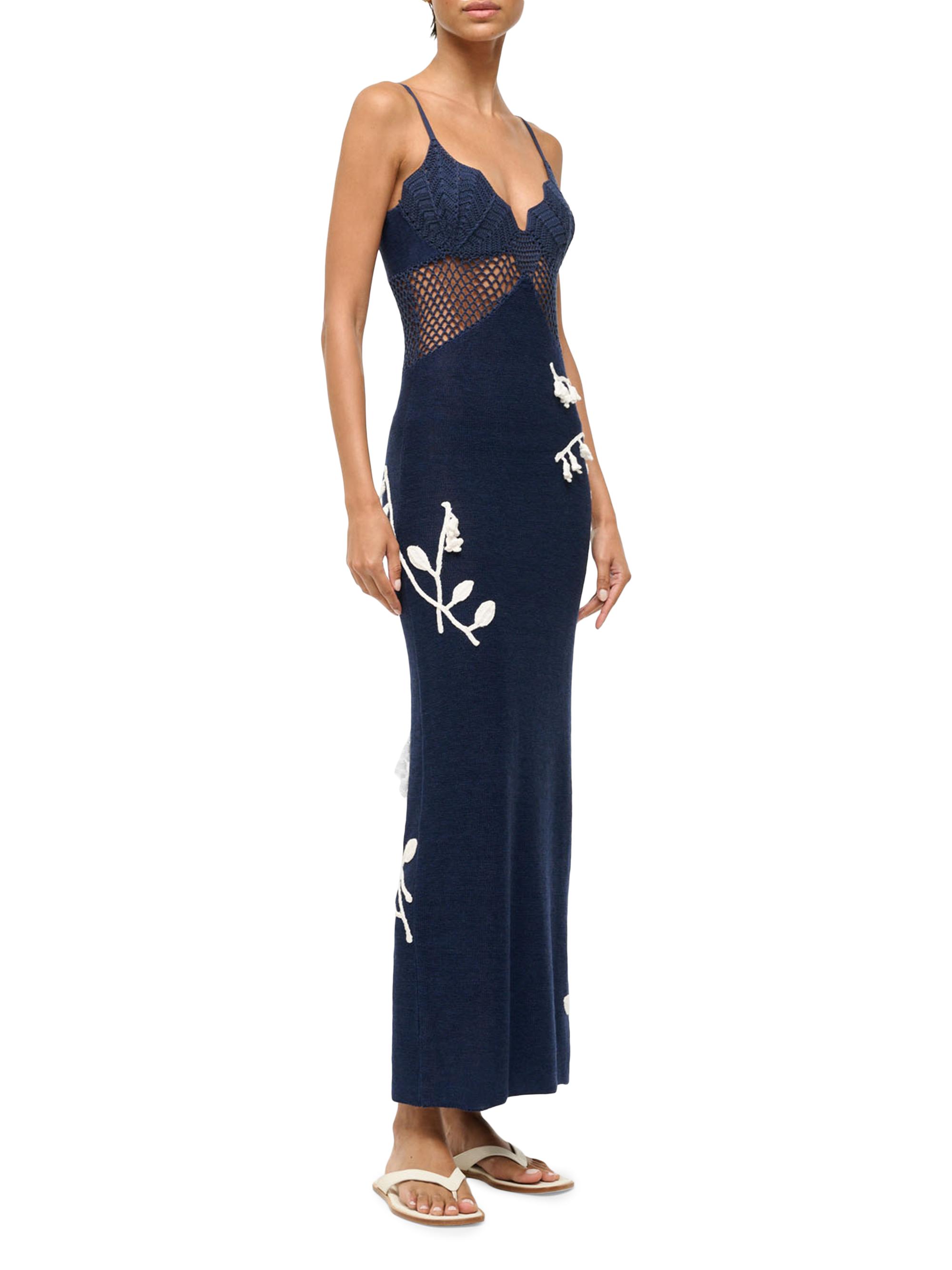 white christmas dresses Navy And Taupe Maxi Dress With Crochet Trim