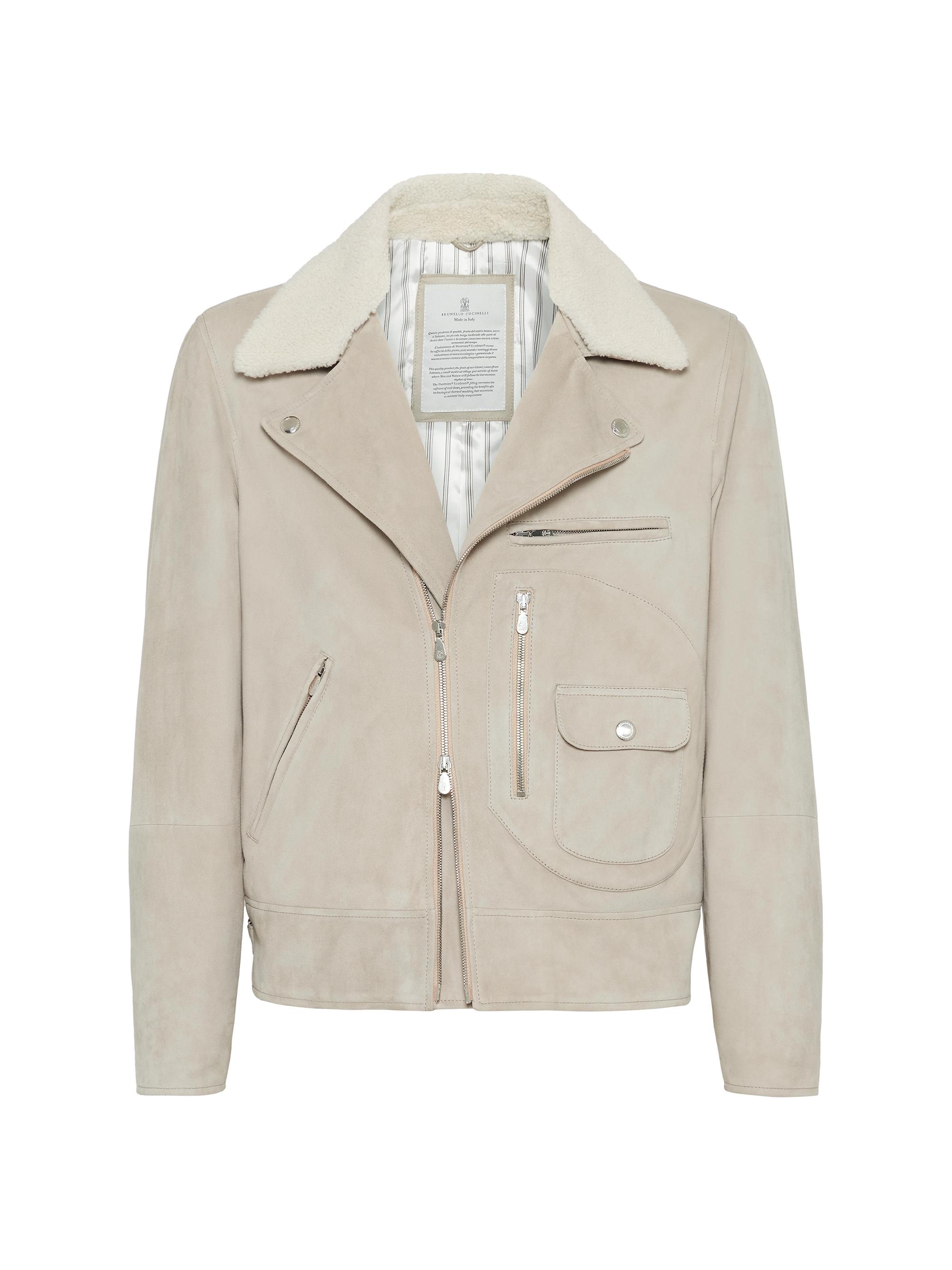 Brunello Cucinelli Men's Suede Biker Jacket with Thermore Padding and Detachable Shearling Collar - Stone Grey