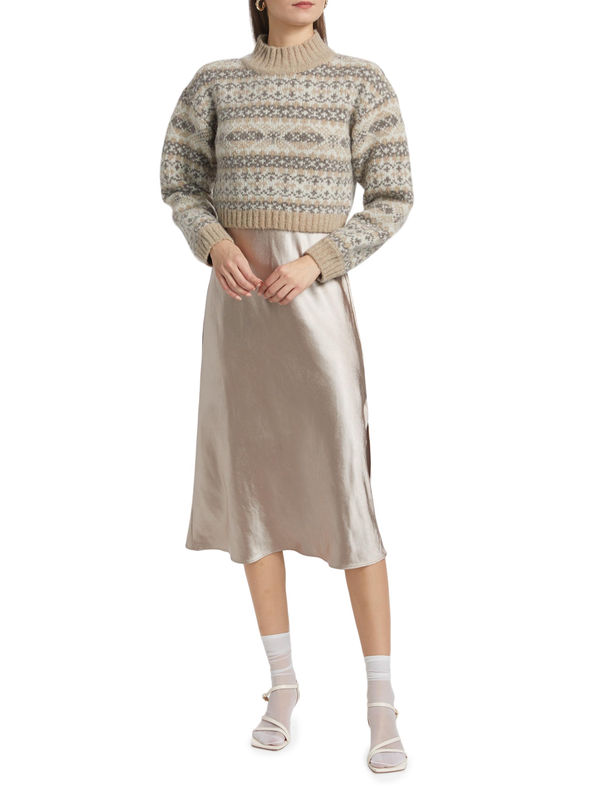 knee length dresses for ladies Satin Slip Dress with Crochet Knit Sweater by Miou Muse Small