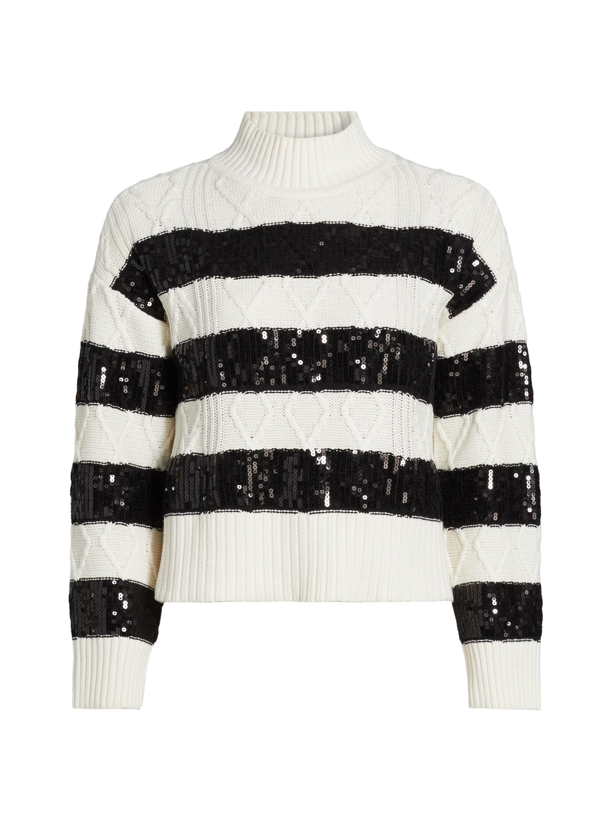 Design History Women's Sequined Stripe Knit Sweater - Winter White Combo