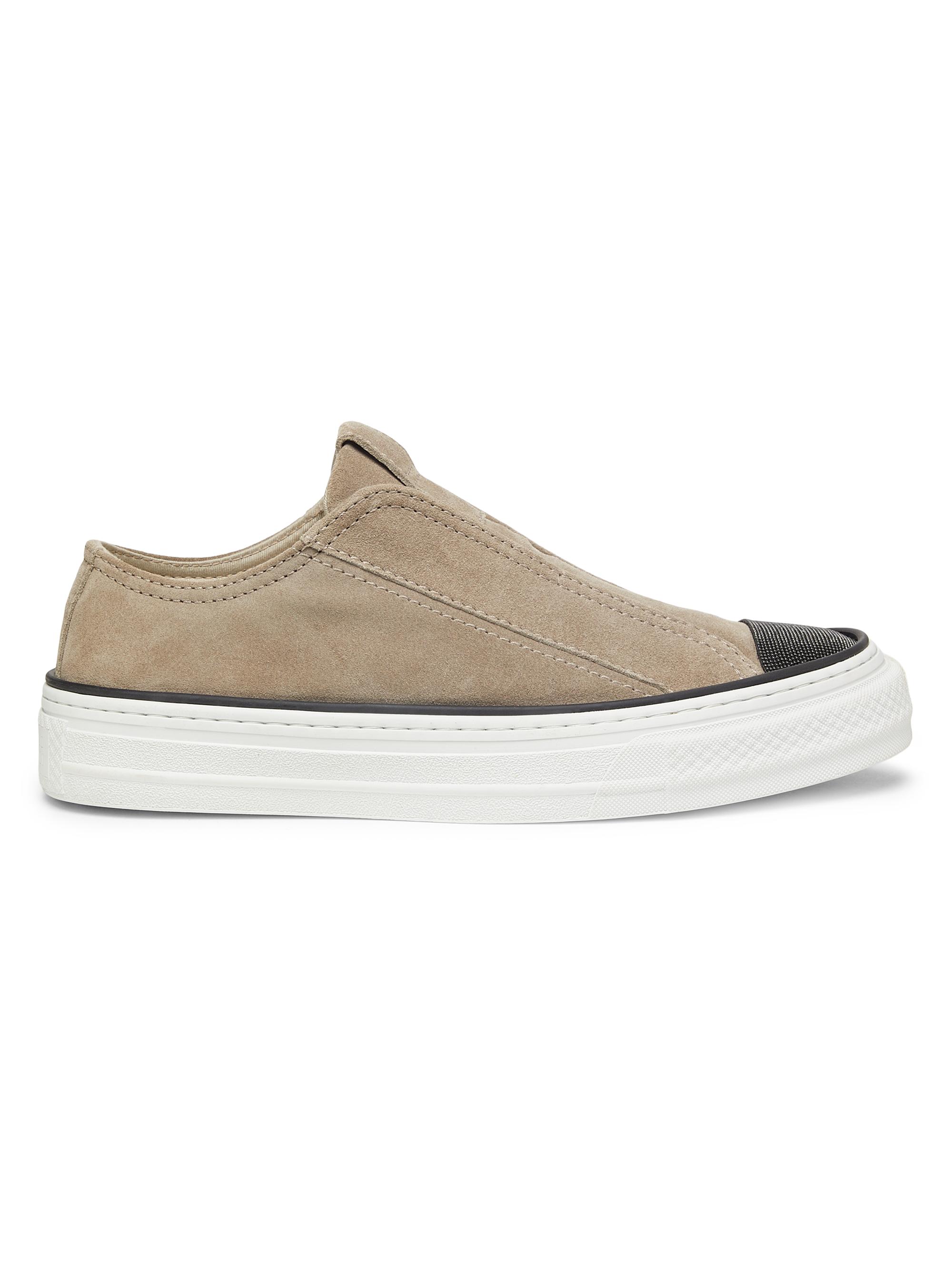 Brunello Cucinelli Women's Monili-Embellished Suede Slip-On Sneakers - Dark Beige