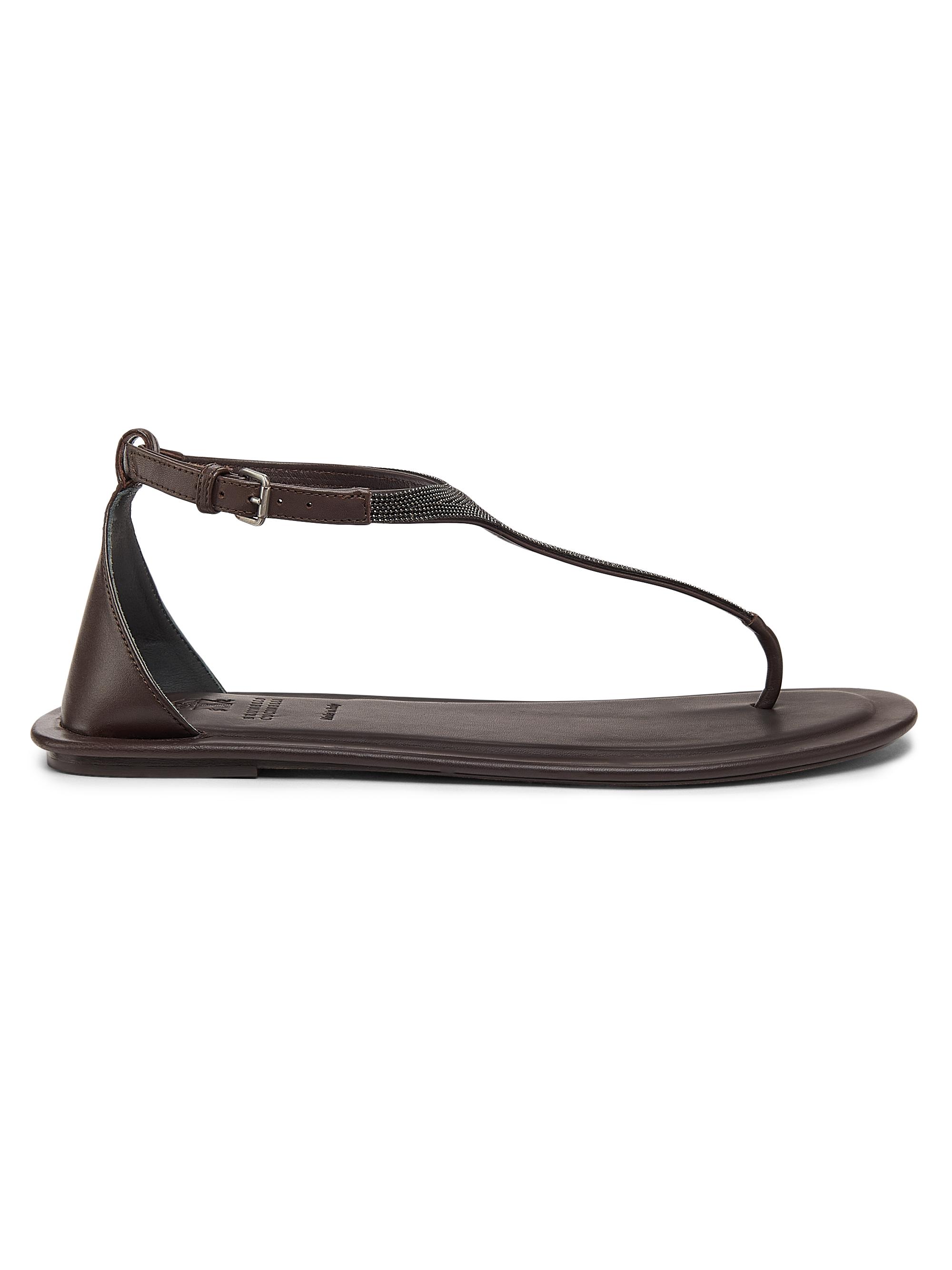 Brunello Cucinelli Women's Monili Leather T-Strap Sandals - Dark Brown