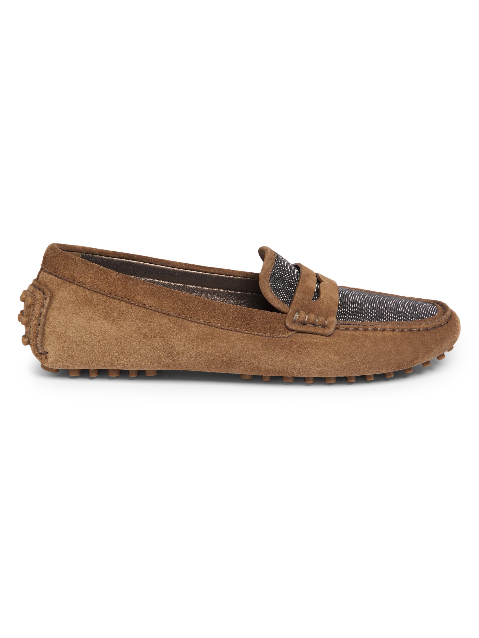 Brunello Cucinelli Women's Monili-Embellished Suede Penny Loafers - Sesame