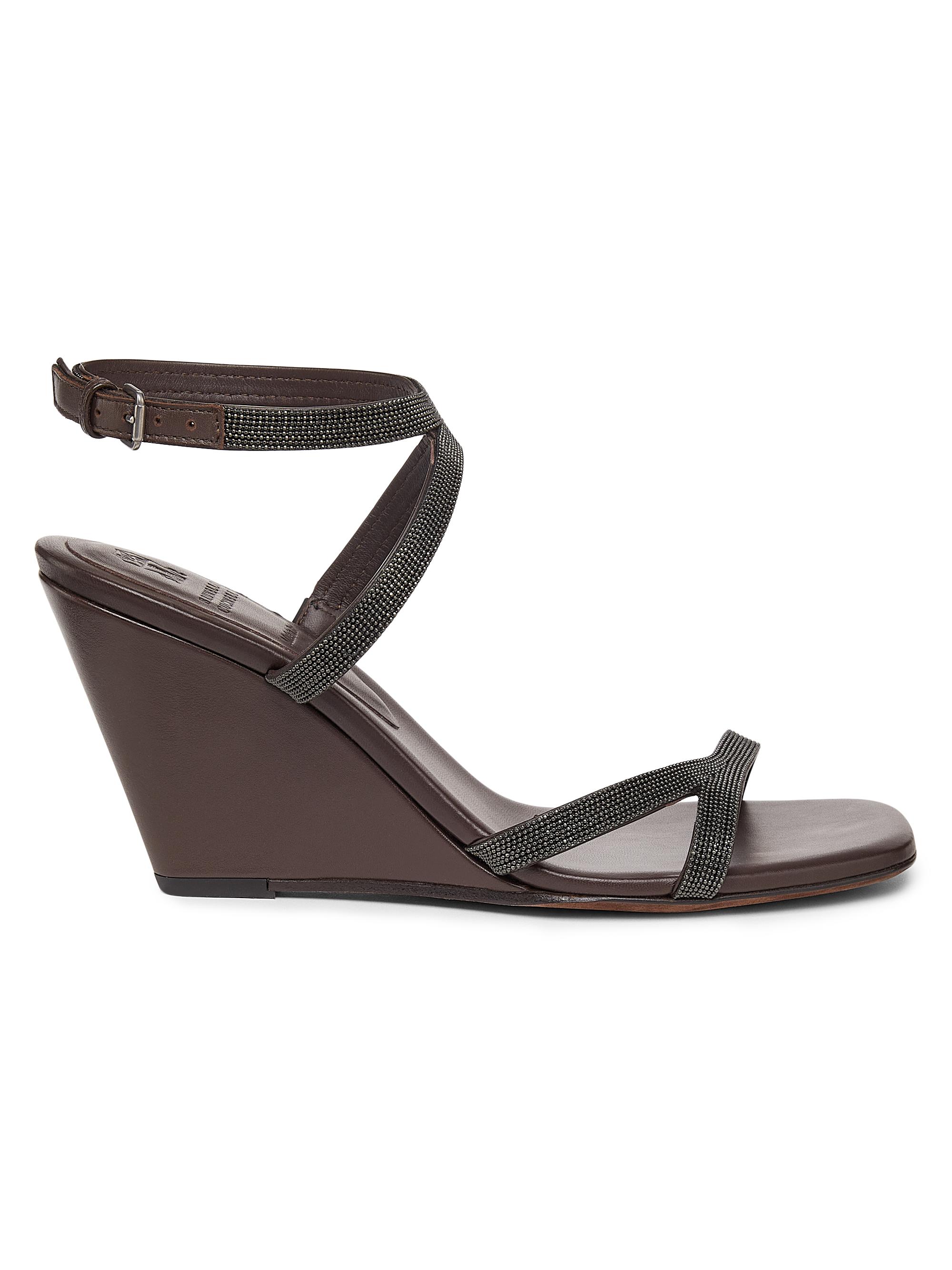Brunello Cucinelli Women's 80MM Monili Leather Wedge Sandals - Dark Brown