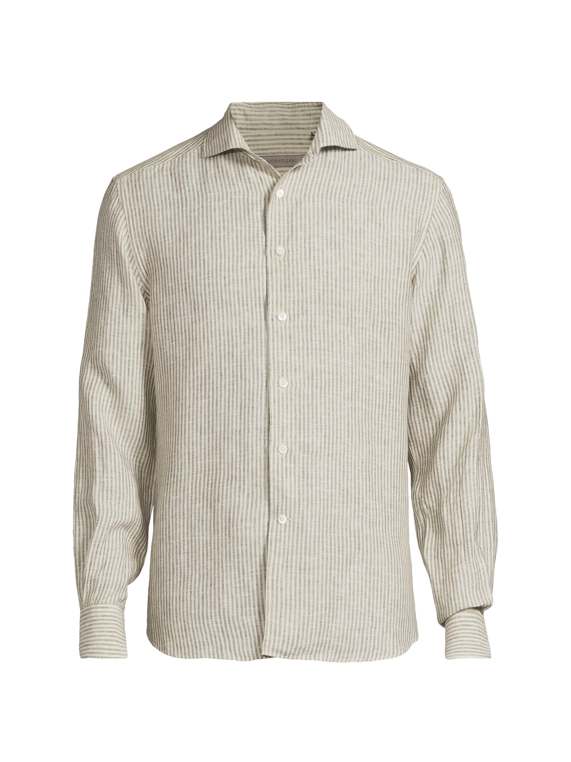 Corneliani Men's Washed Linen Stripe Shirt - Olive Natural