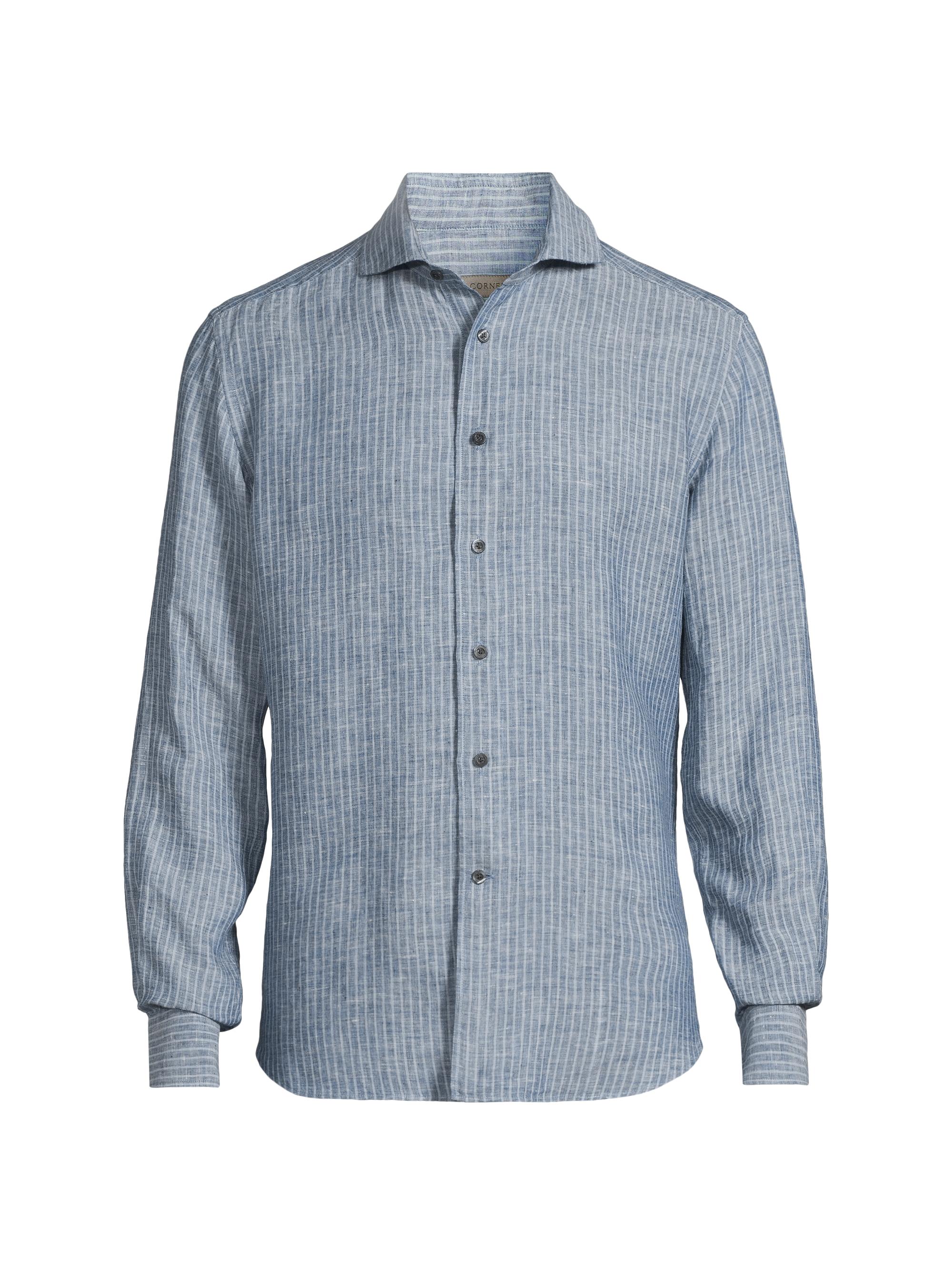 Corneliani Men's Washed Linen Stripe Shirt - Blue Navy