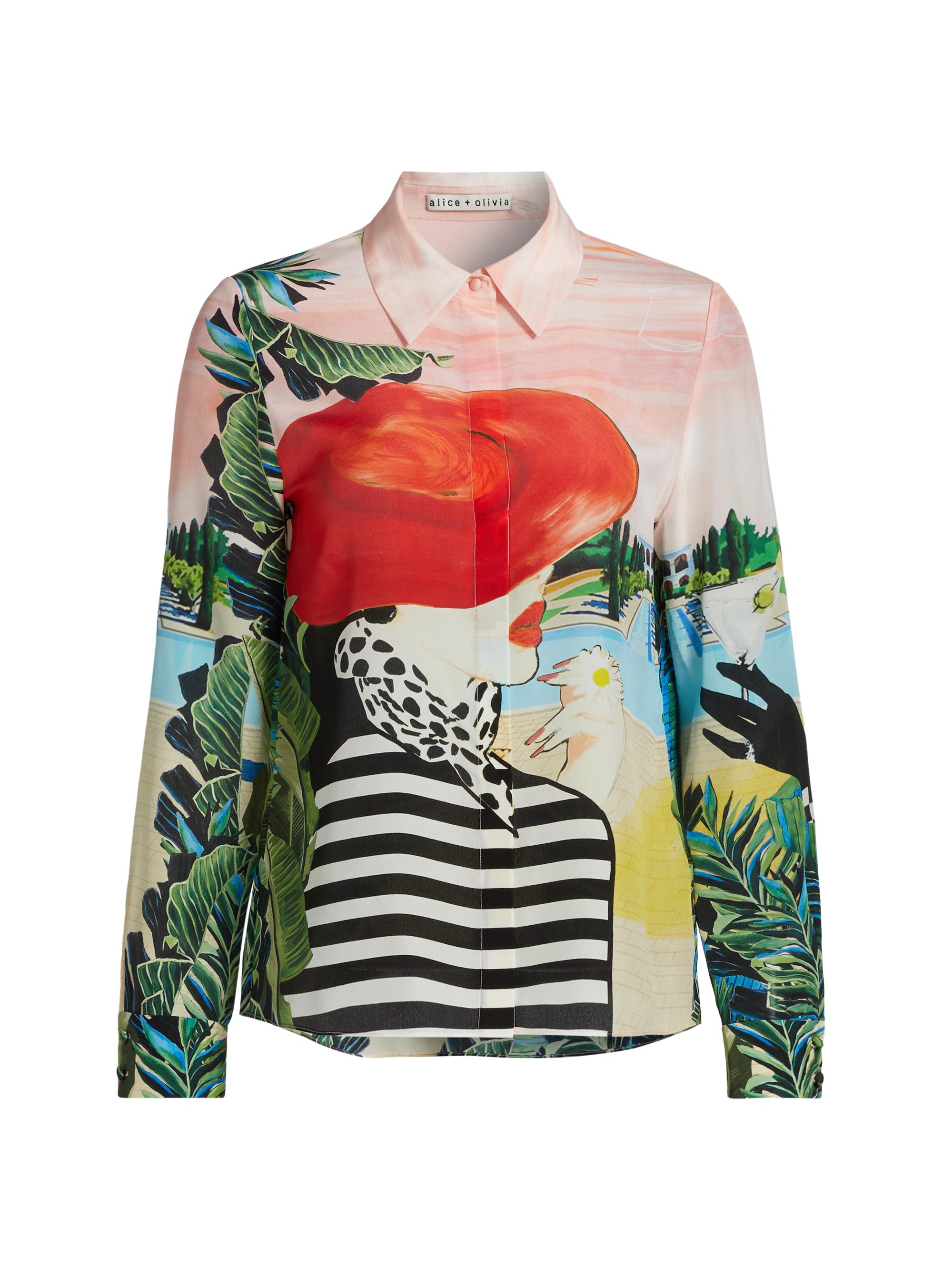 Alice + Olivia Women's Willa Silk Graphic Shirt - Palm Beach
