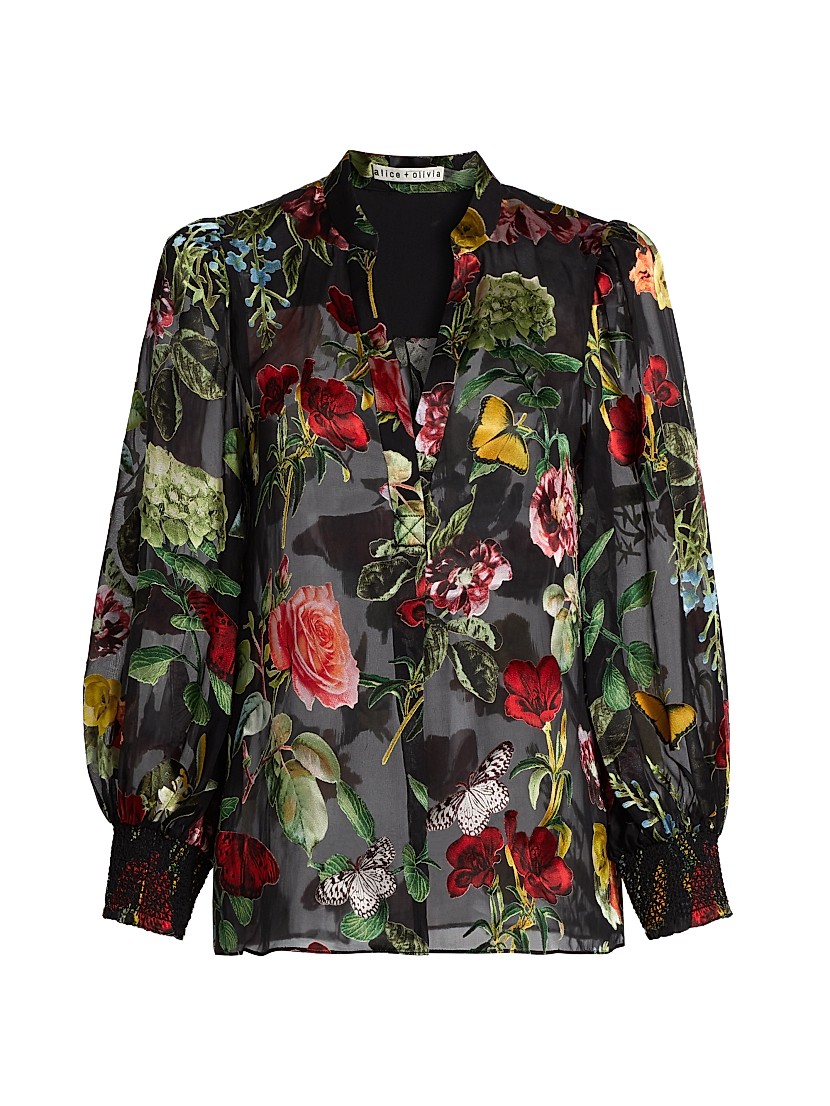 Shop Alice + Olivia Sheila Velvet Embroidered Blouson Sheer Shop Alice + Olivia Sheila Velvet Embroidered Blouson Sheer