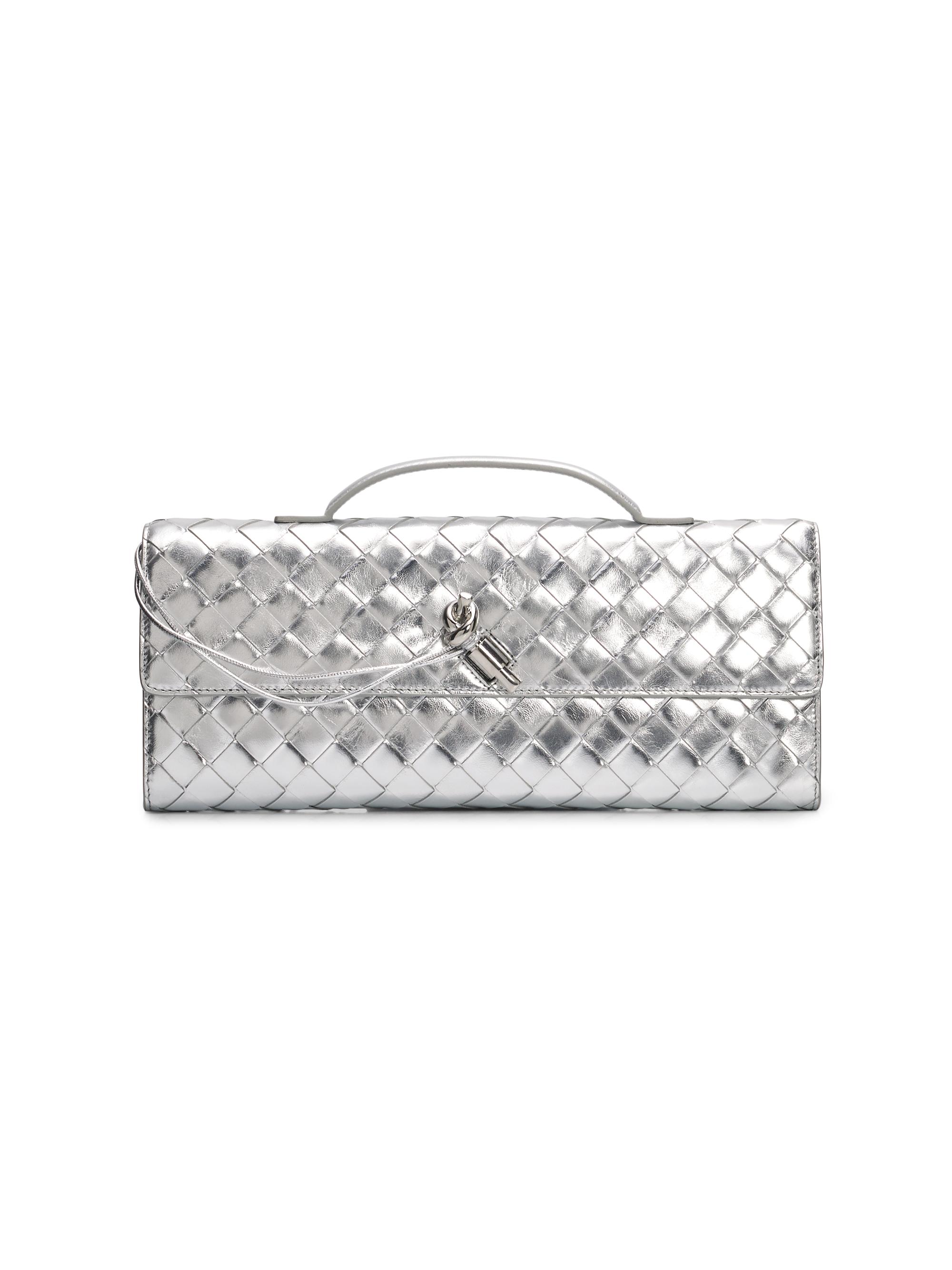 Bottega Veneta Women's Andiamo Metallic Woven Leather Pouch - Silver