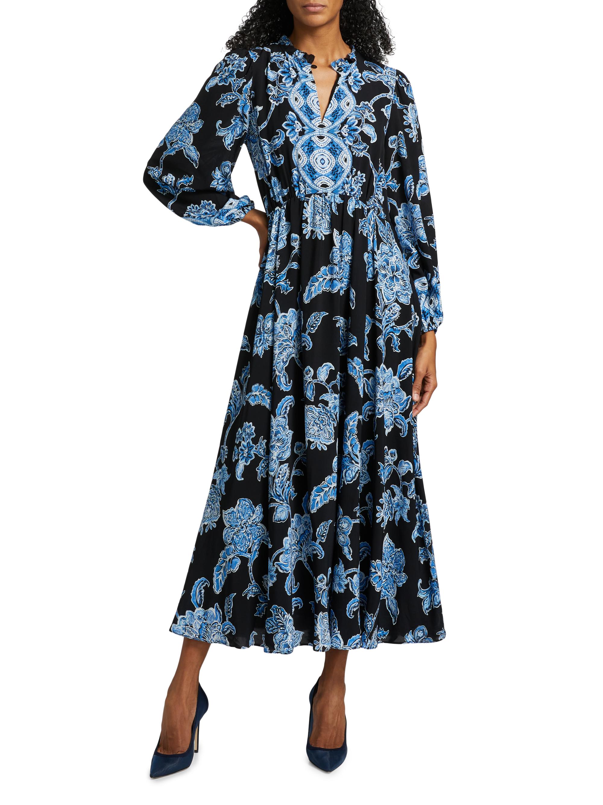 blue silk dress maxi Wrap Tiered Pleated Dress in Blue Floral main image 1