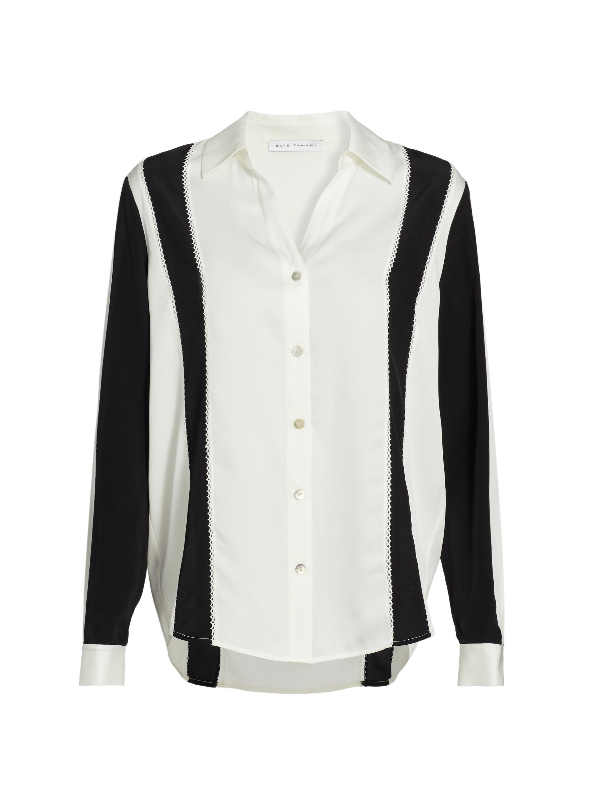 Elie Tahari Women's The Dylan Striped Stretch-Silk Button-Front Top - Sky White With Noir
