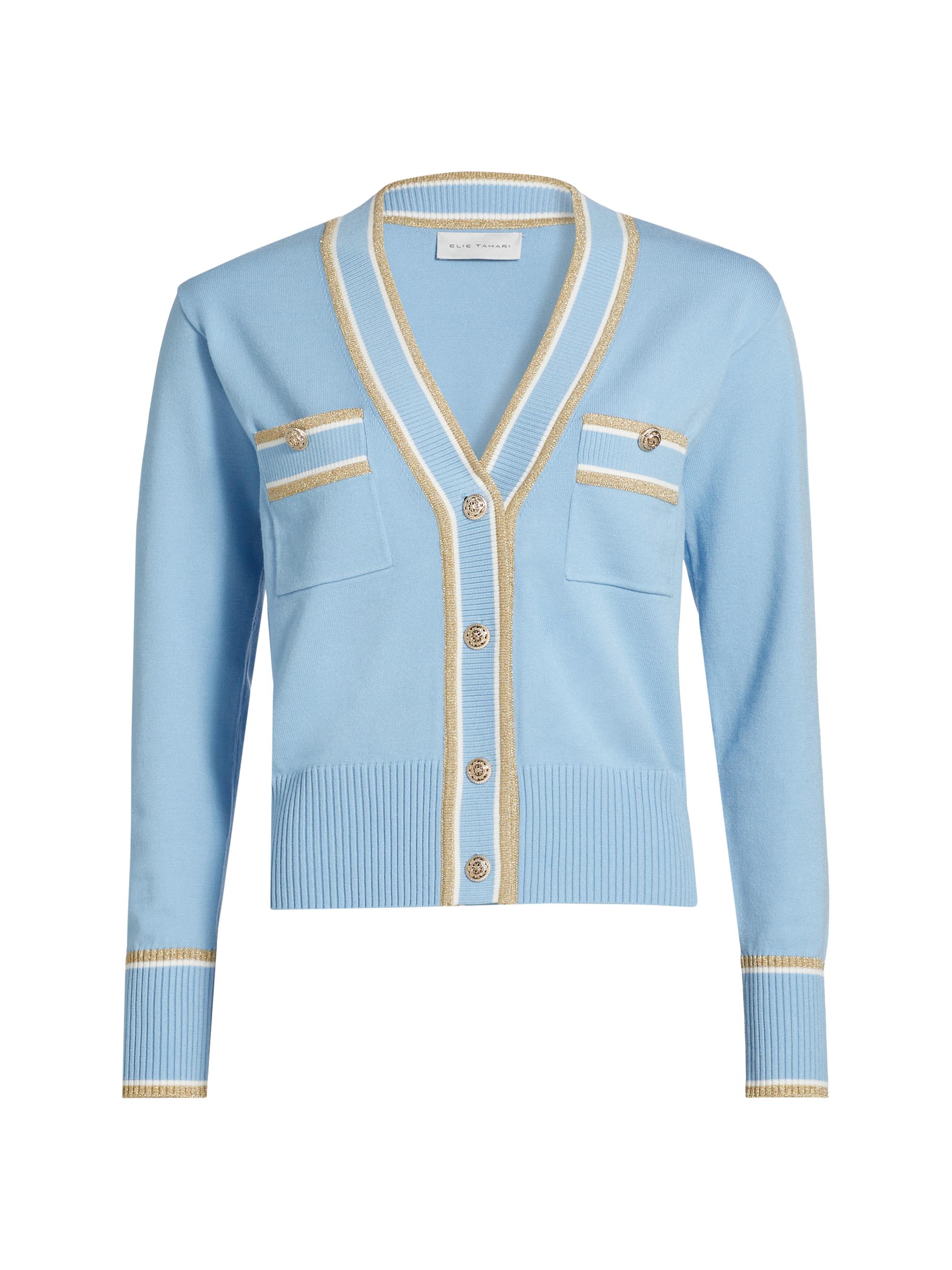 Elie Tahari Women's The Kiva Striped V-Neck Cardigan - Fountain Blue White Gold