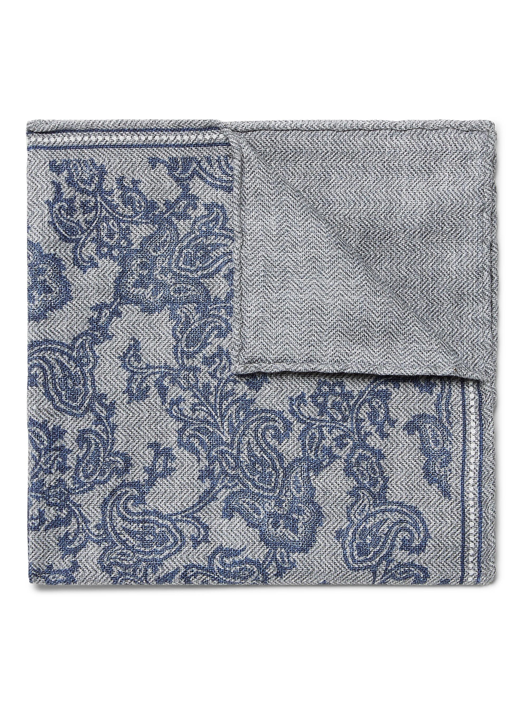 Brunello Cucinelli Men's Silk Pocket Square with Paisley Design - Fog