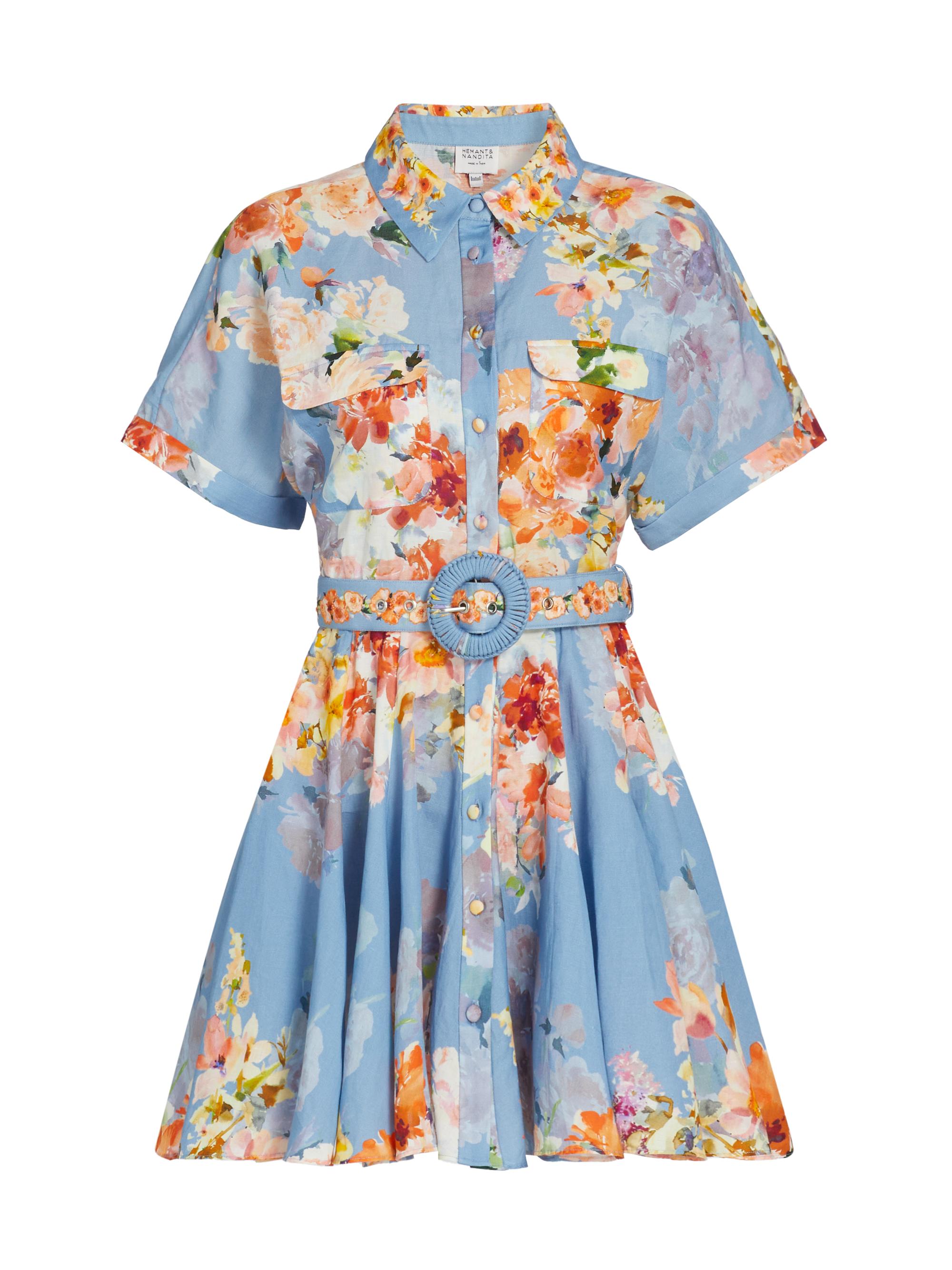 Hemant & Nandita Women's Saba Floral Belted Shirtdress - Blue Floral