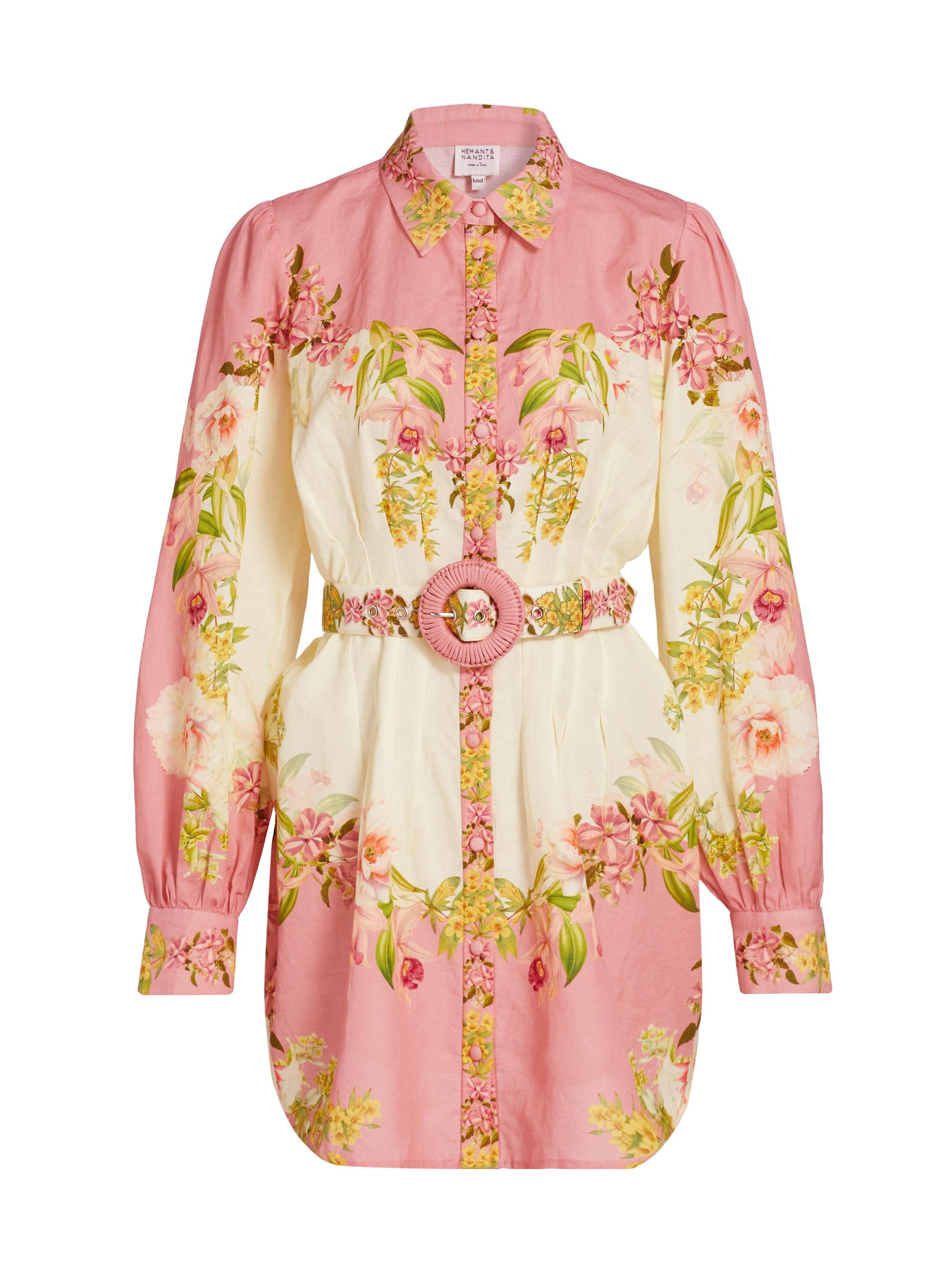 Hemant & Nandita Women's Aiva Belted Short Shirtdress - Pink Floral