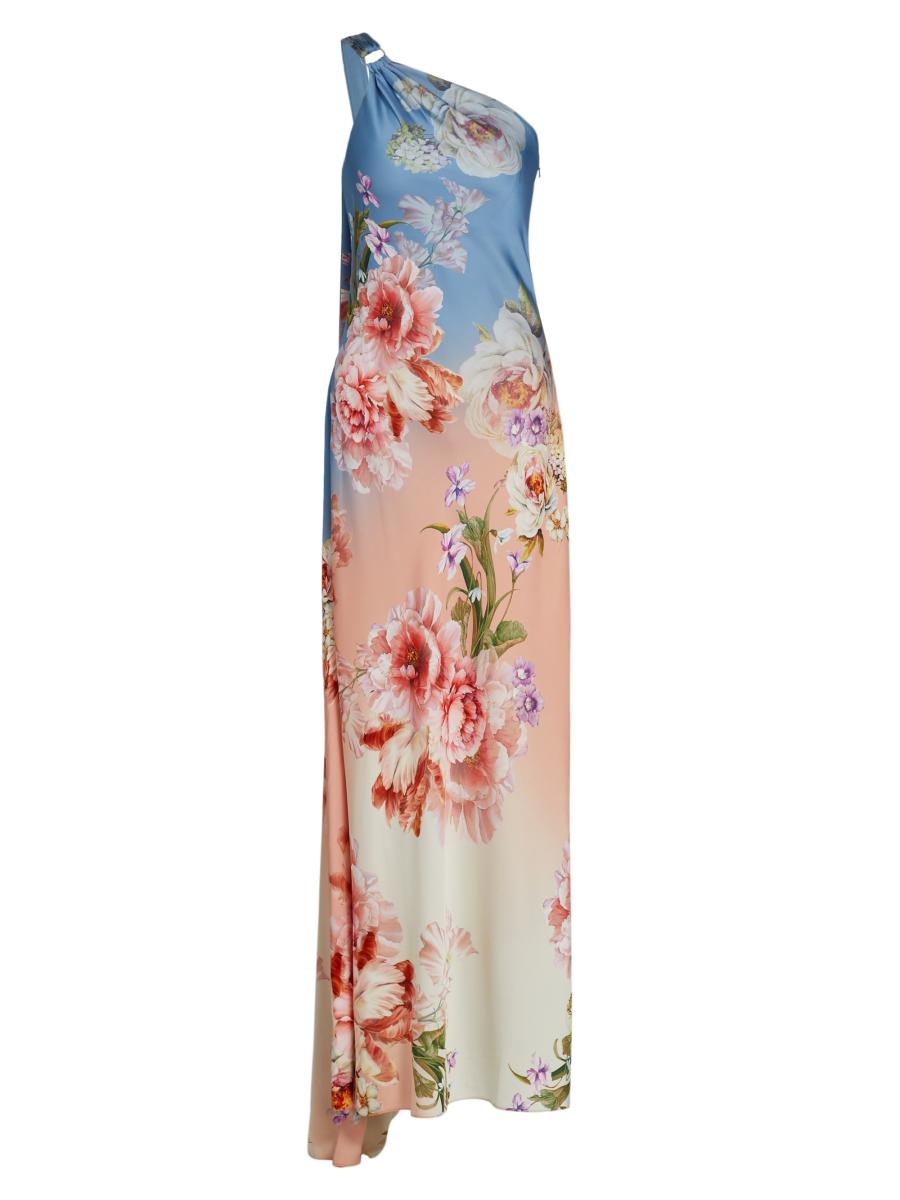 hemant & nandita kavi one shoulder satin maxi dress HEMANT AND NANDITA One Shoulder Long Dress in Pink Blue Mix