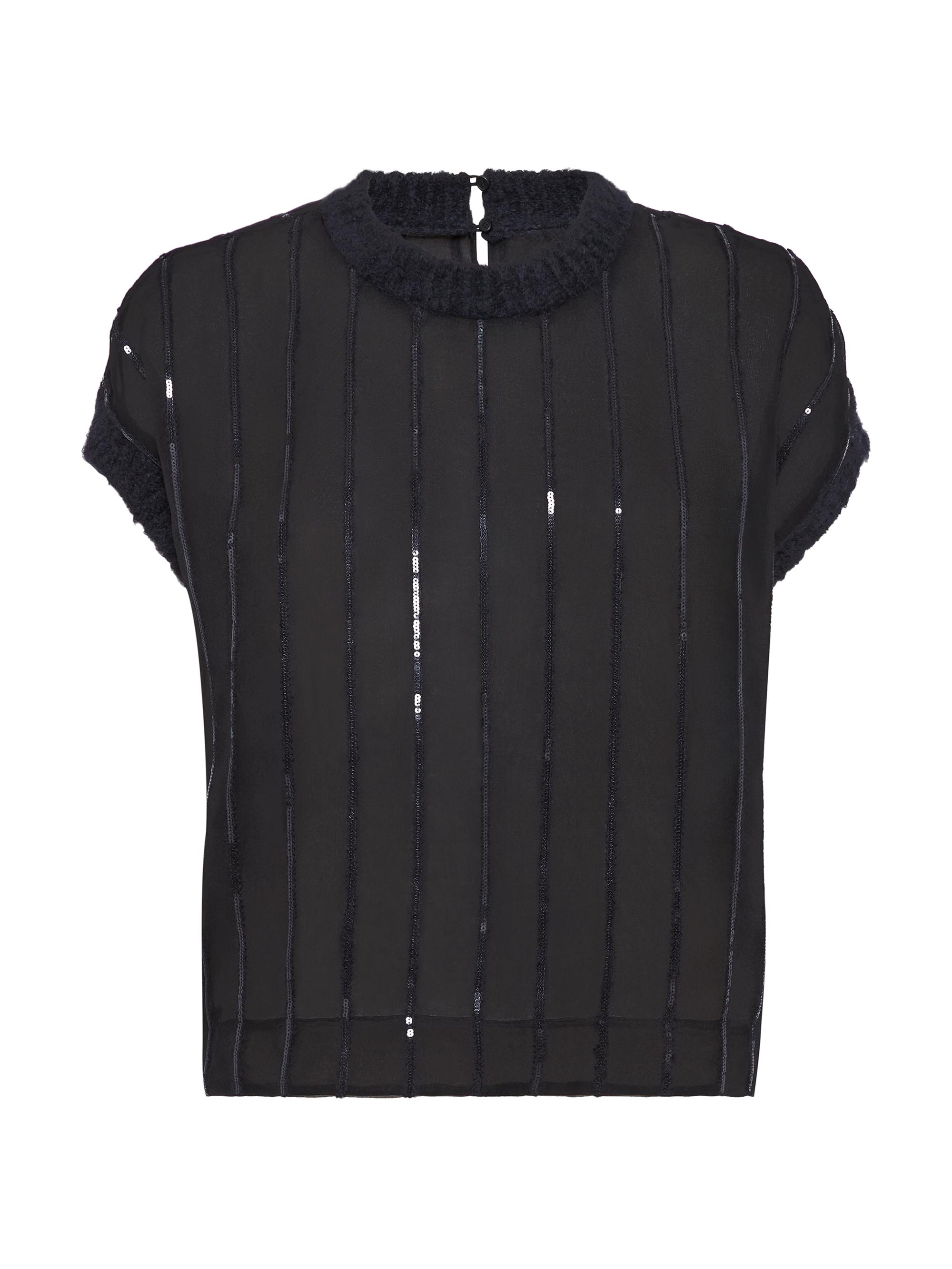 Brunello Cucinelli Women's Crispy Silk T-Shirt with Dazzling Alpaca Stripes - Black