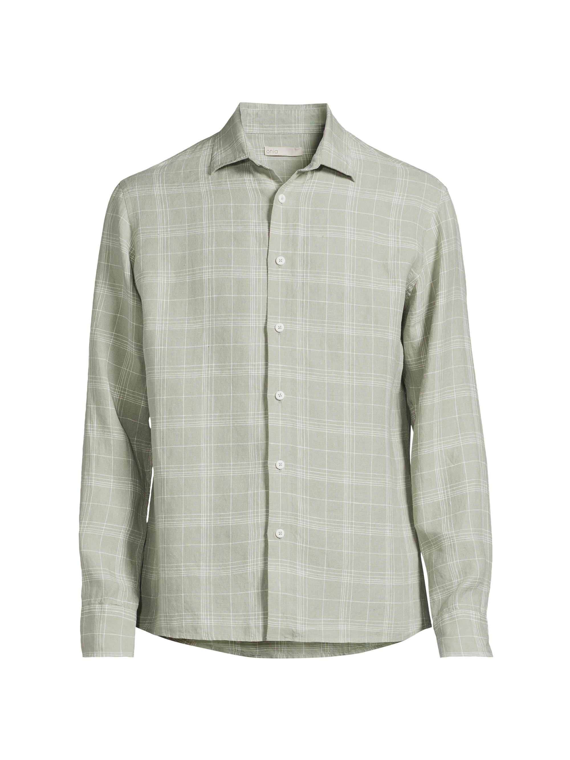 Onia Men's Linen Plaid Button-Up Shirt - Musty Green White