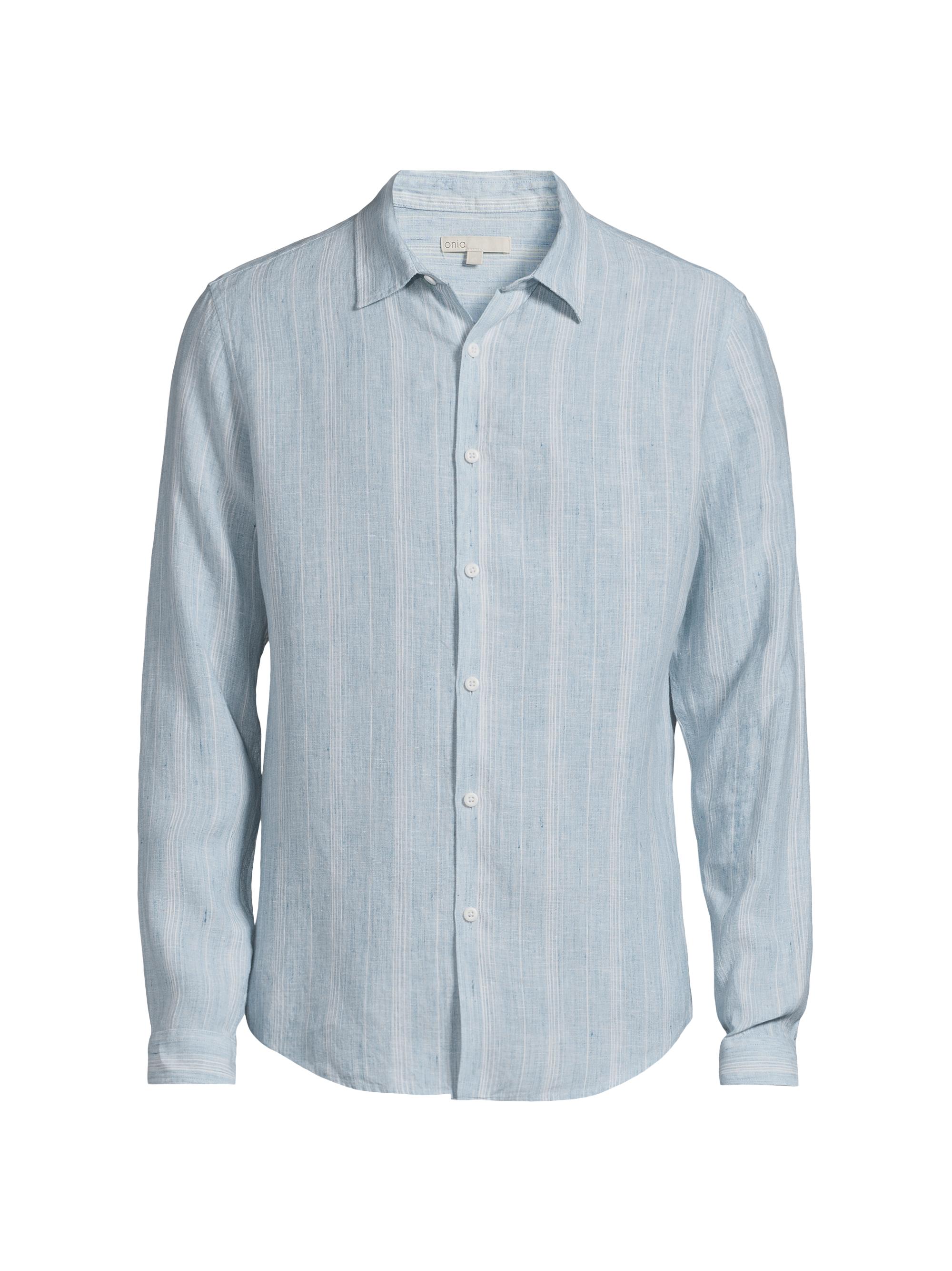 Onia Men's Linen Button-Up Shirt - Light Blue White