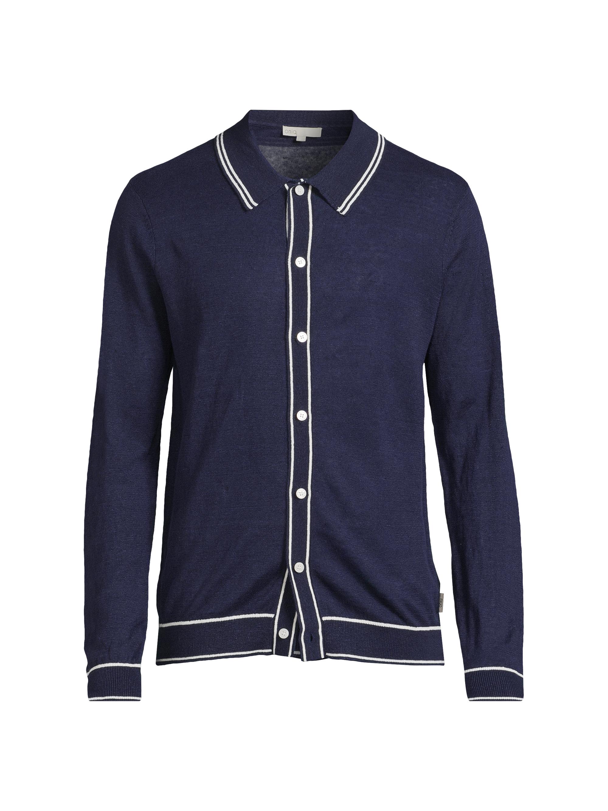 Onia Men's Linen Long-Sleeve Polo Sweater - Deep Navy White