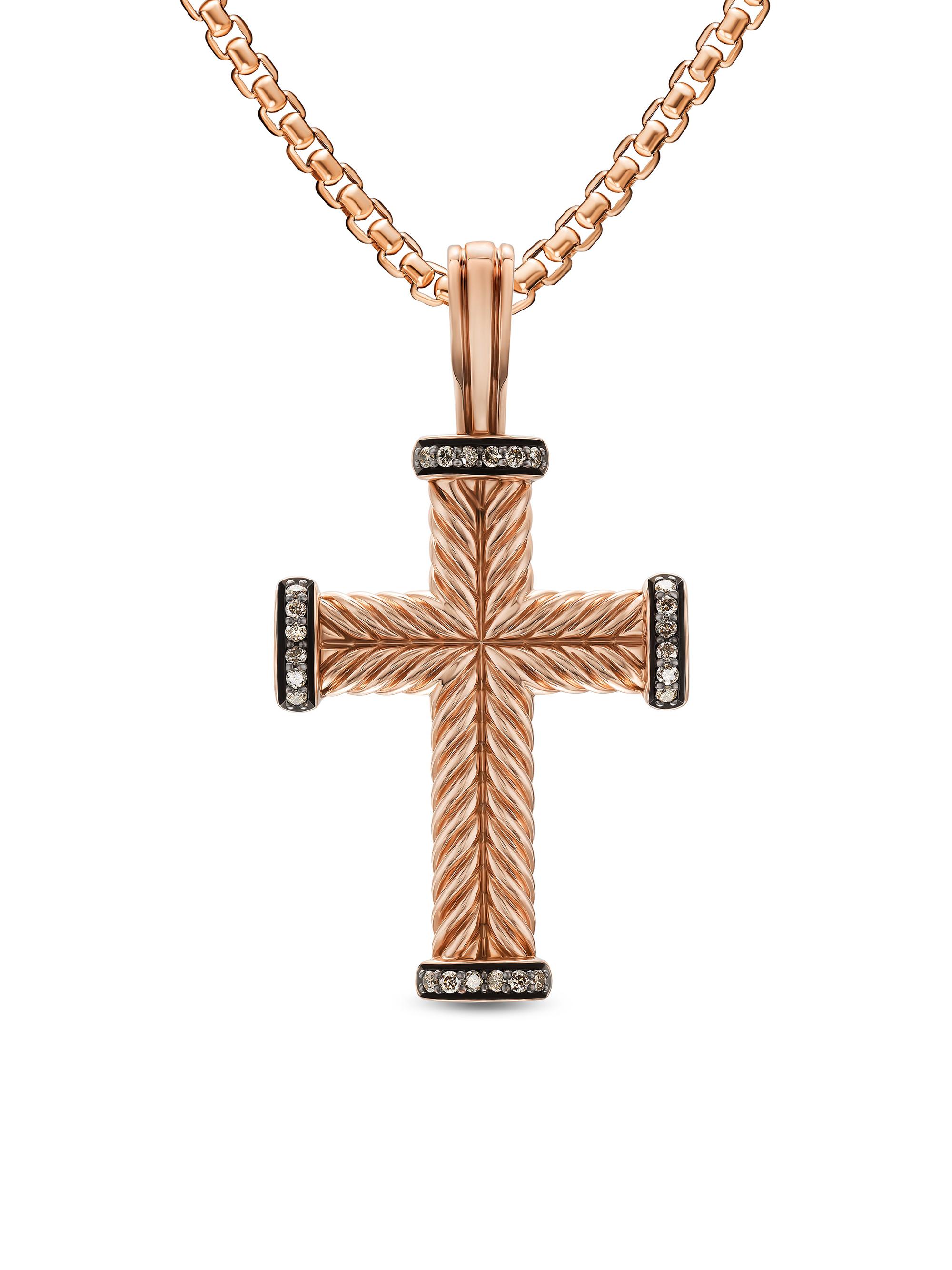 David Yurman Men's Chevron Cross Pendant in 18K Rose Gold - Cognac Diamond