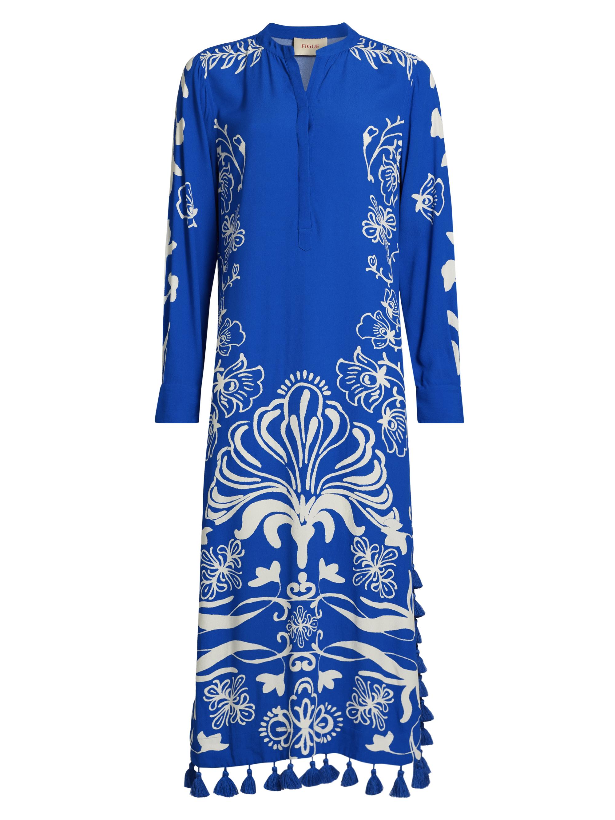 Figue Women's Paolina Floral Tasseled Caftan - Floral Filigree Lapis Blue