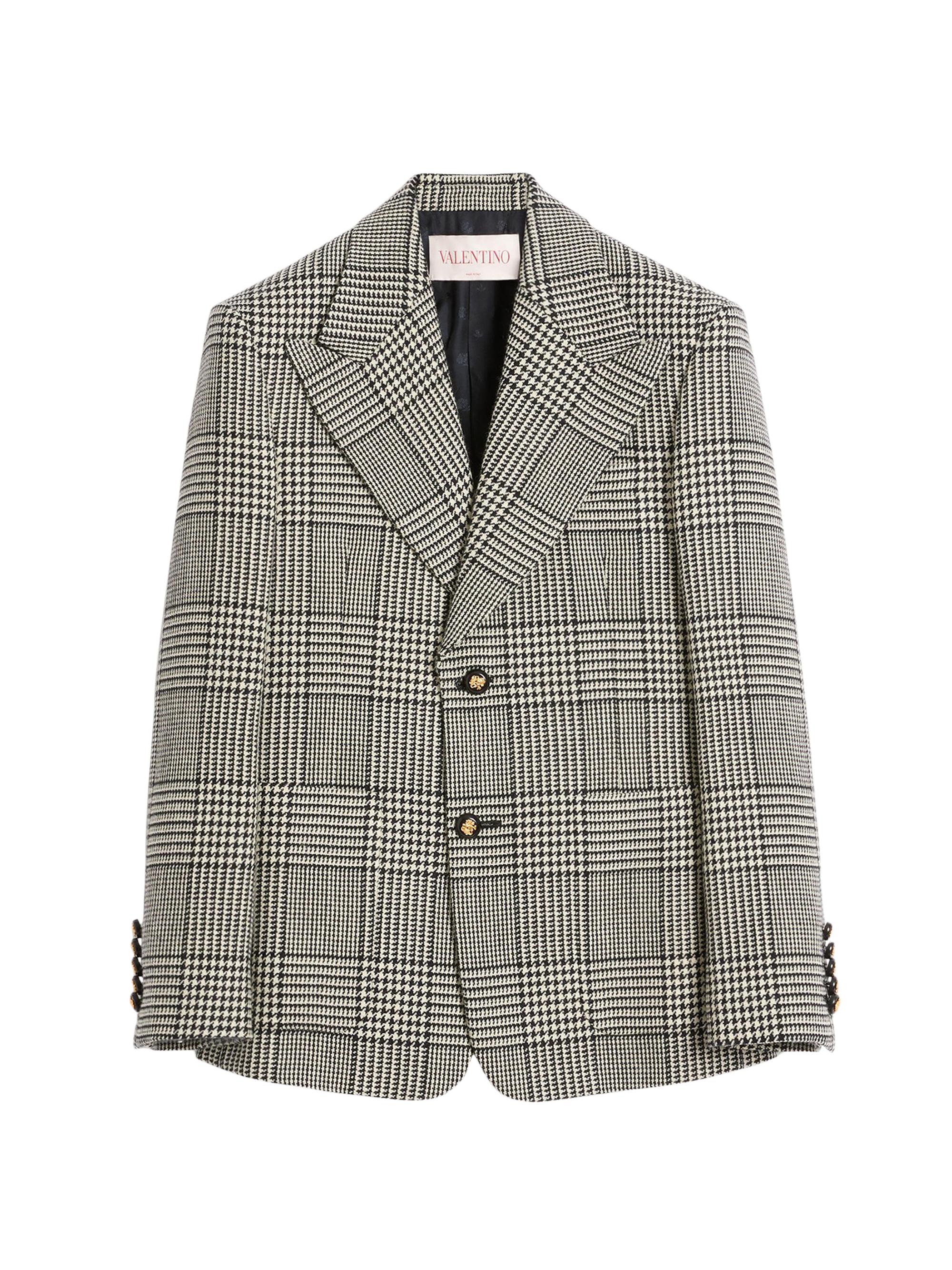 Single-Breasted Wool Jacket with Check Pattern on Houndstooth