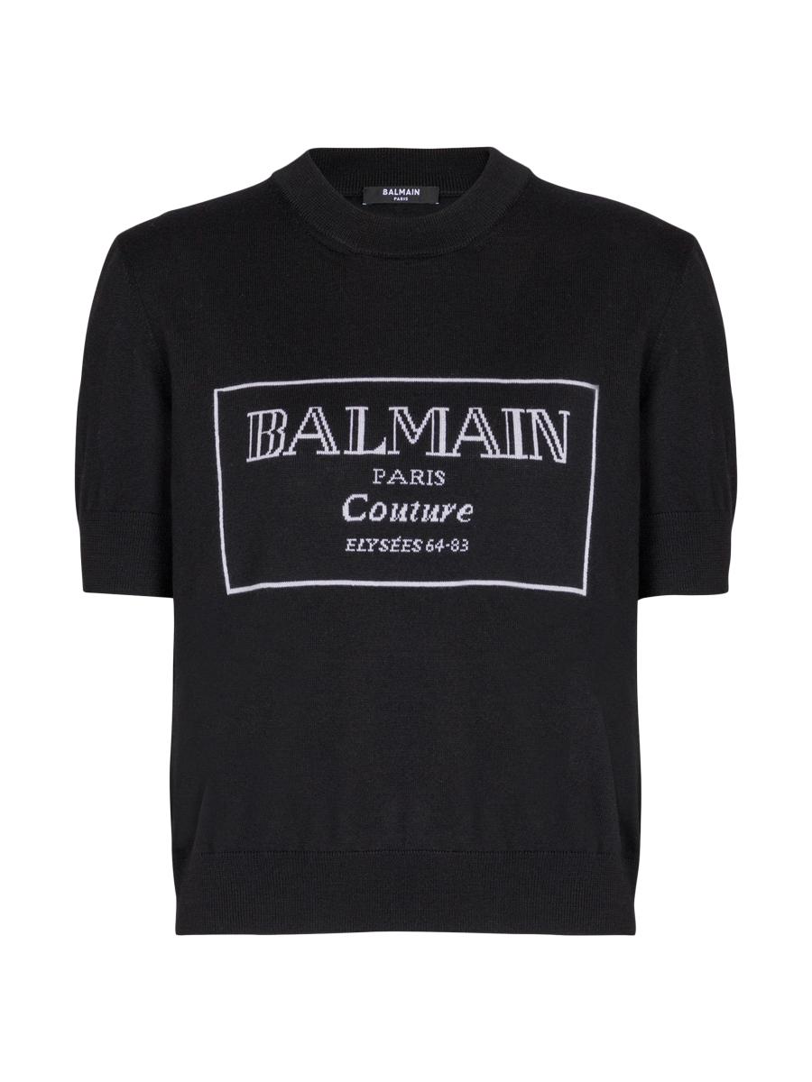 Shop Balmain Logo Merino Wool Short-Sleeve Bi-Color Knit Top 