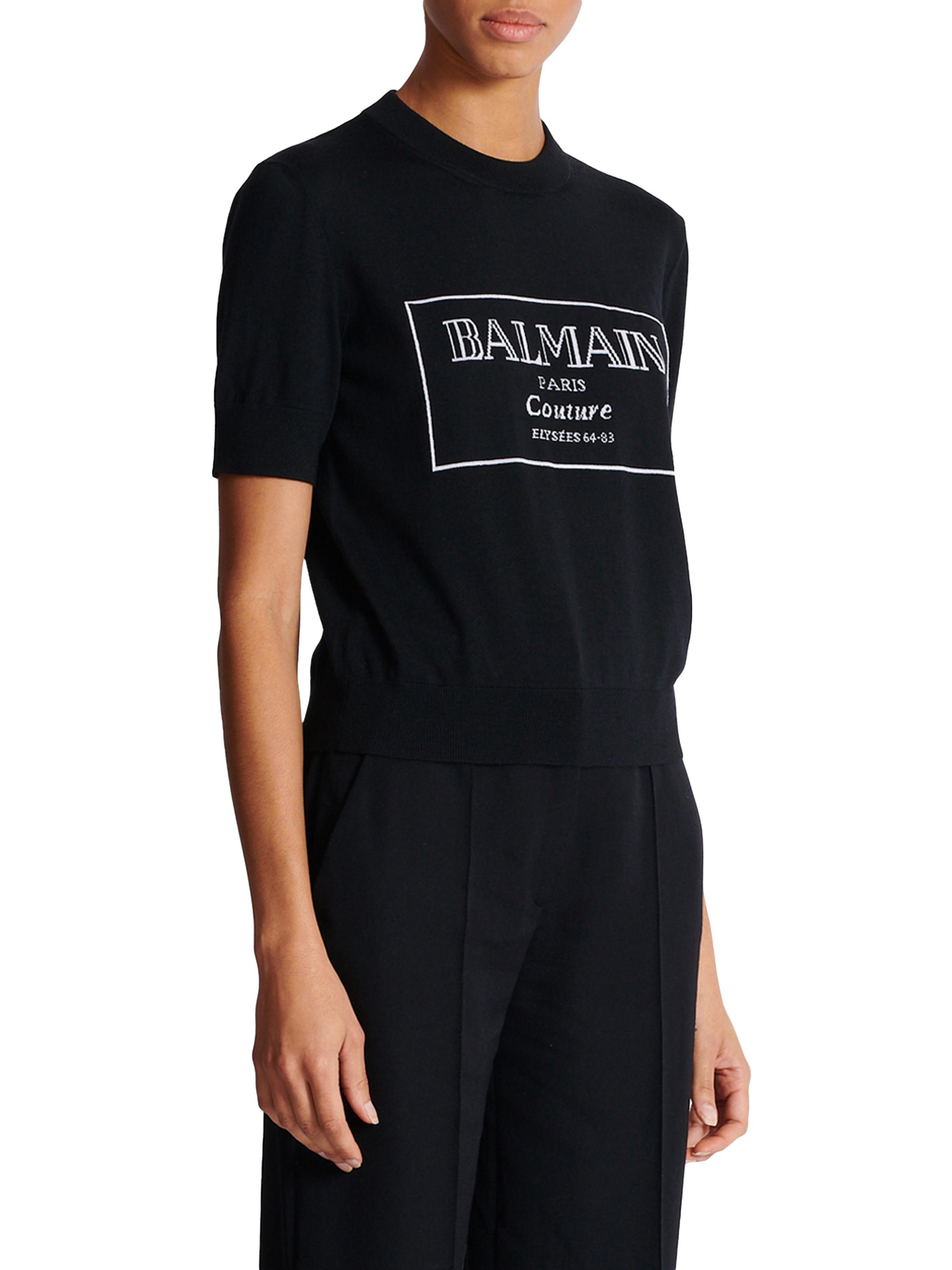 Balmain Logo Merino Wool Short-Sleeve Bi-Color Knit Top | Saks