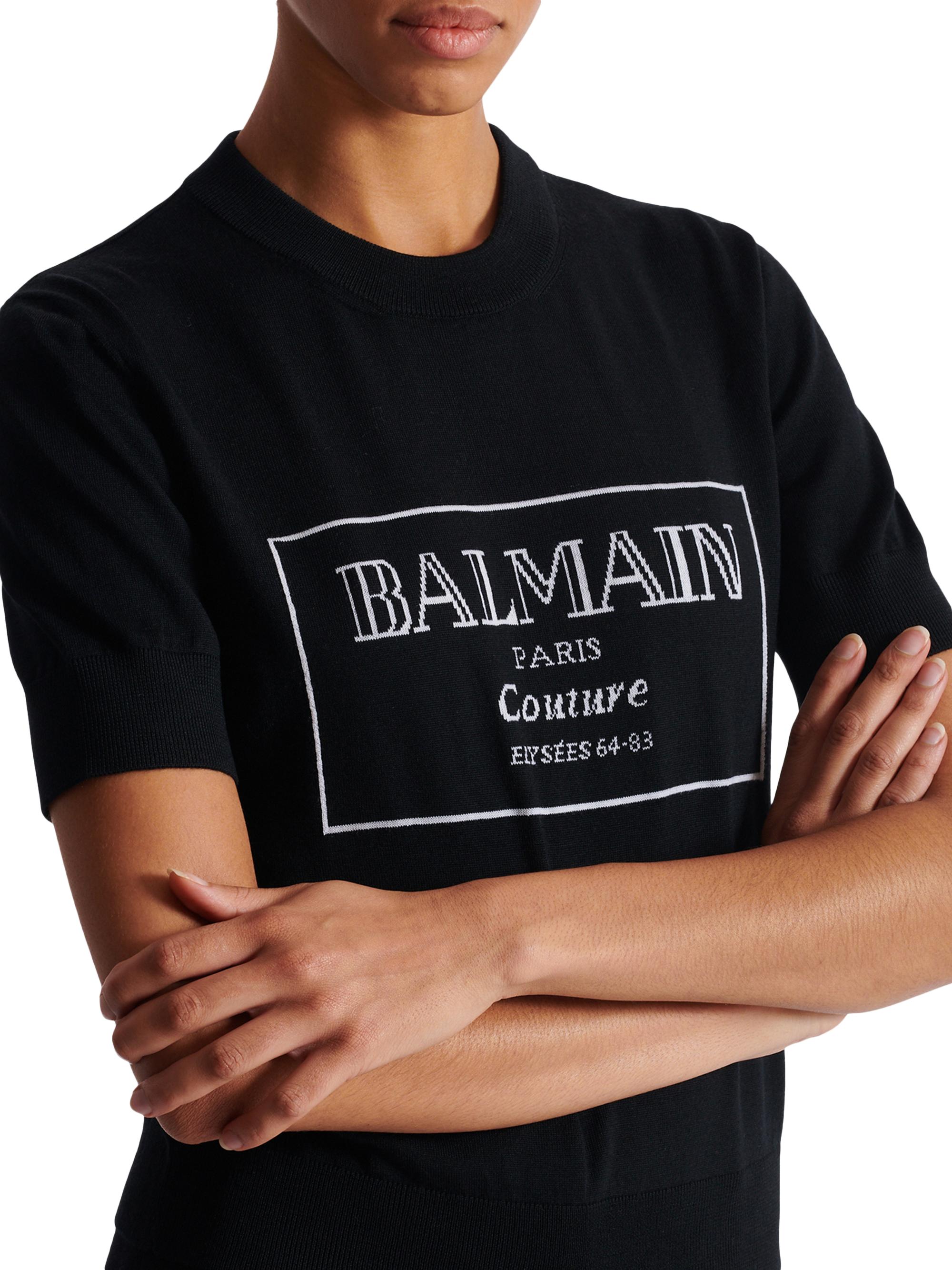 Balmain Logo Merino Wool Short-Sleeve Bi-Color Knit Top | Saks