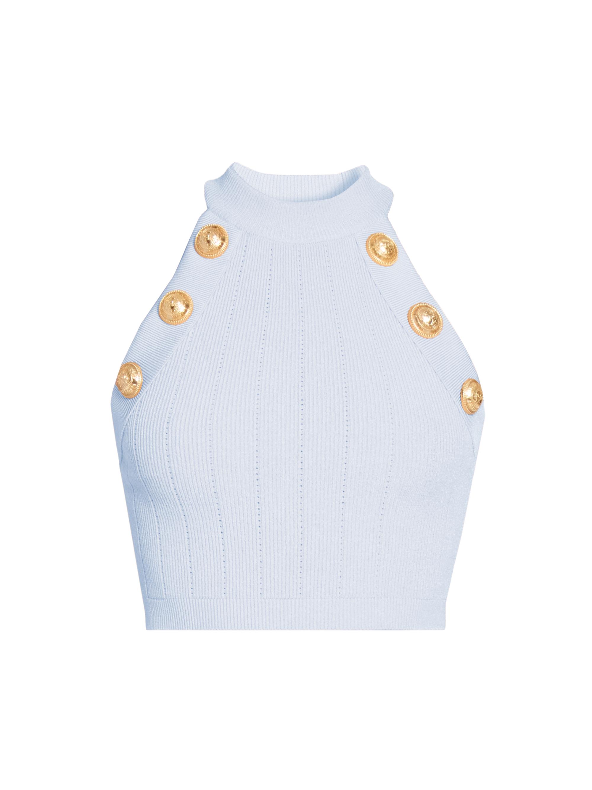 Balmain Women's Button-Embellished Knit Crop Top - Bleu Pale
