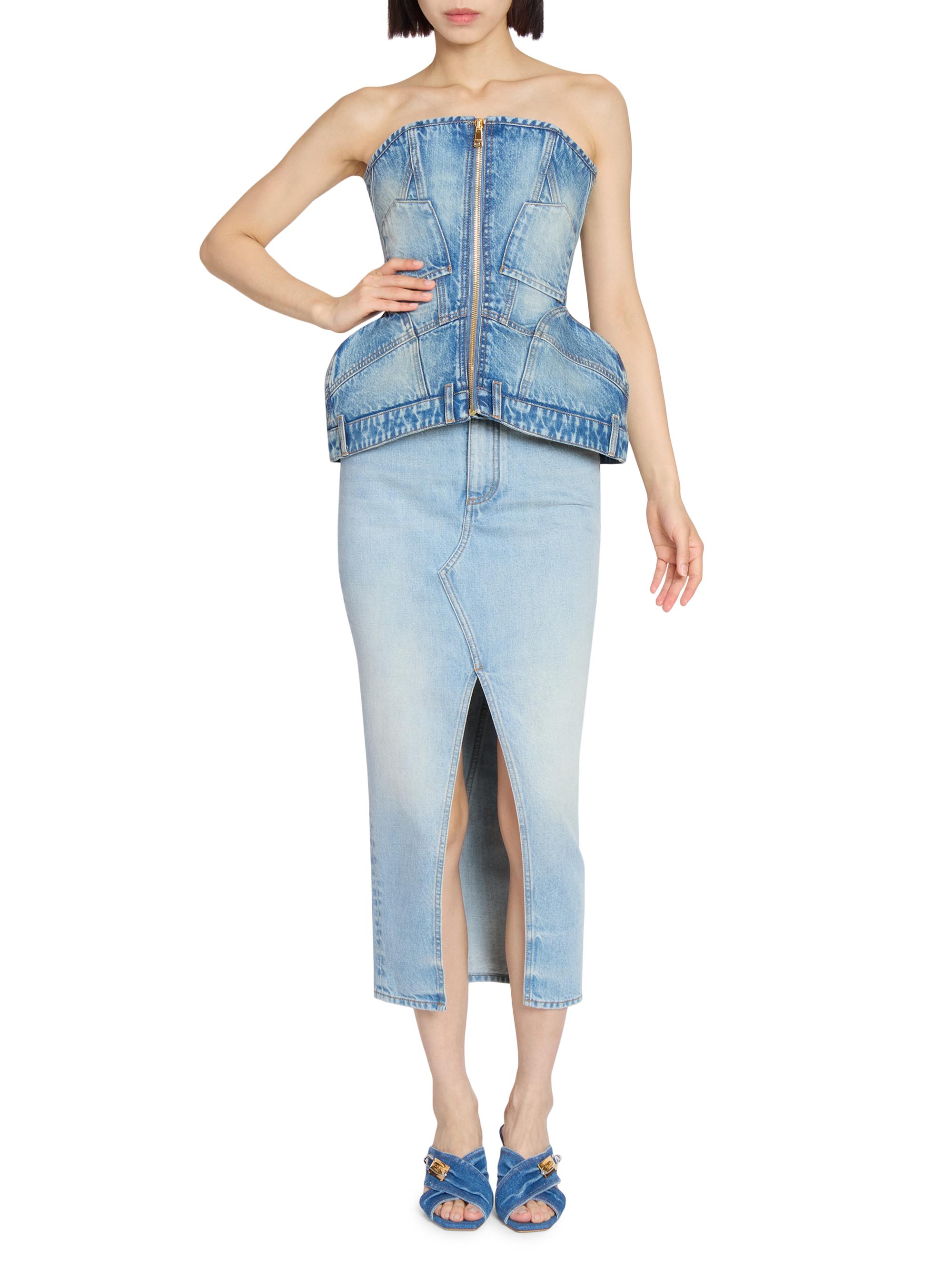 Balmain Basque Denim Zip-Up Bustier Top | Saks Fifth Avenue